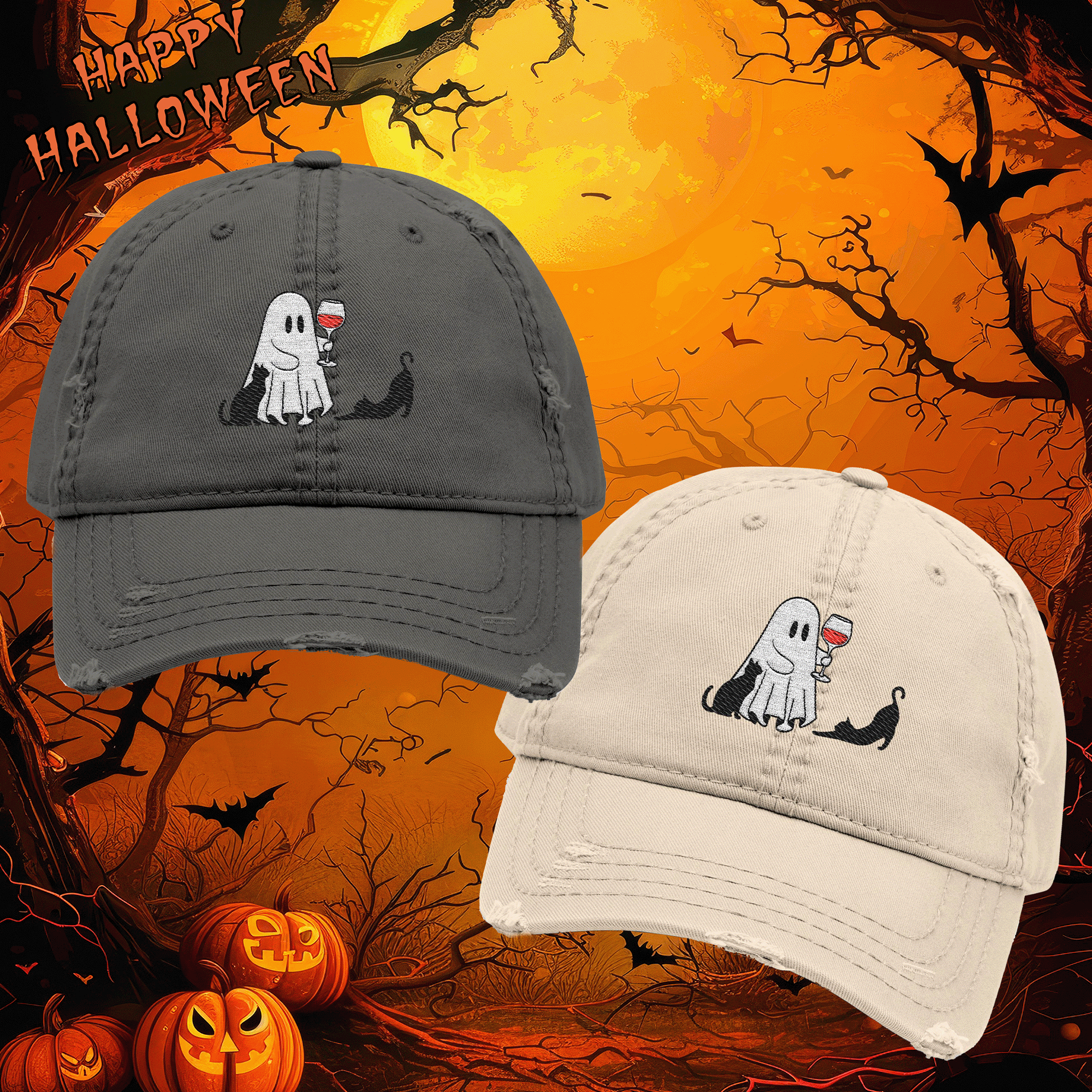 Embroidered Halloween Ghost Drinking Wine Distressed Dad Hat