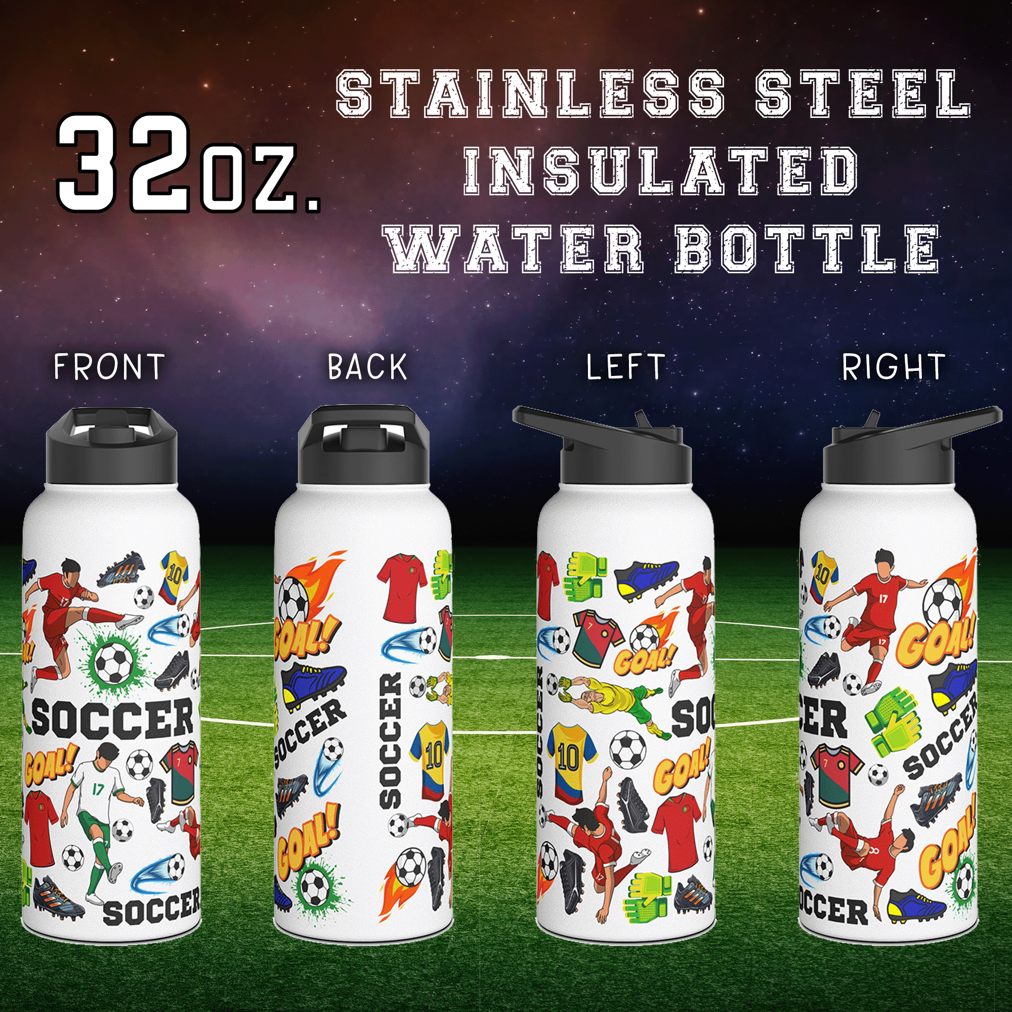 Soccer Stainless Steel 32 oz Water Bottle