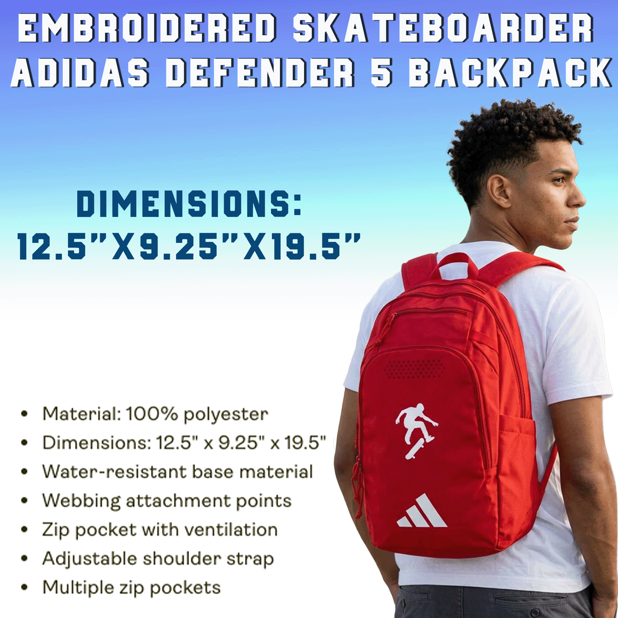 Embroidered Skateboarder Adidas Defender 5 Backpack