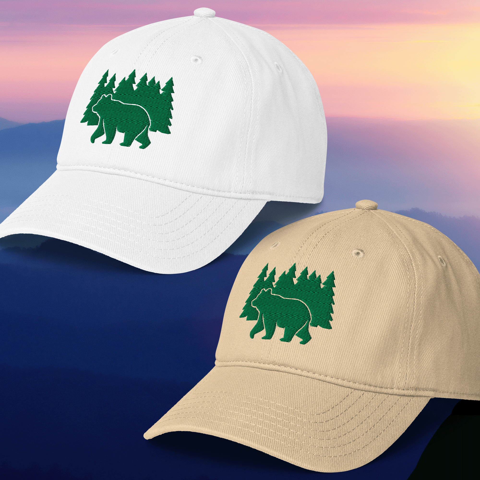 Embroidered Bear and Green Trees Low-profile Cap