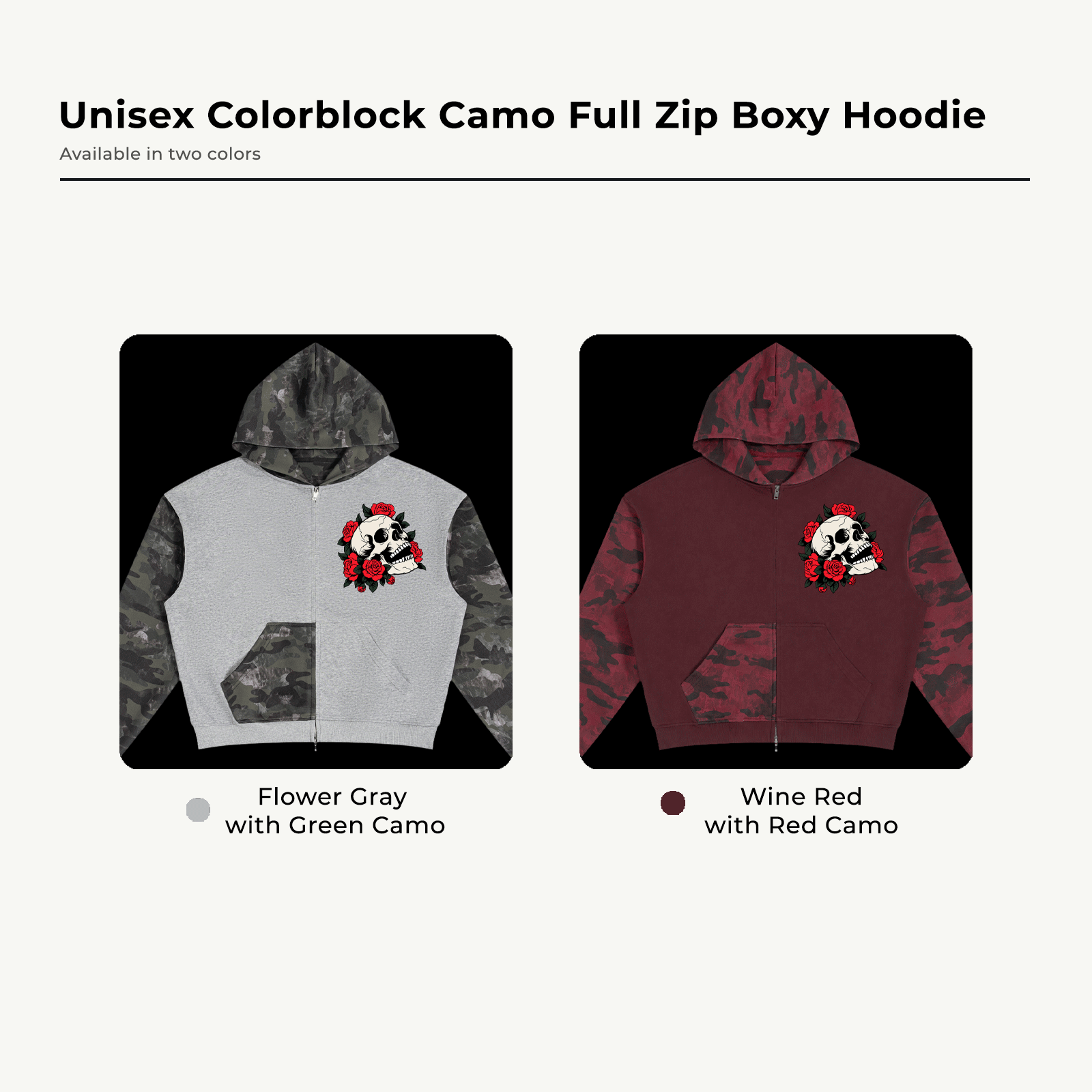Skull & Roses Unisex Colorblock Camo Full Zip Boxy Hoodie