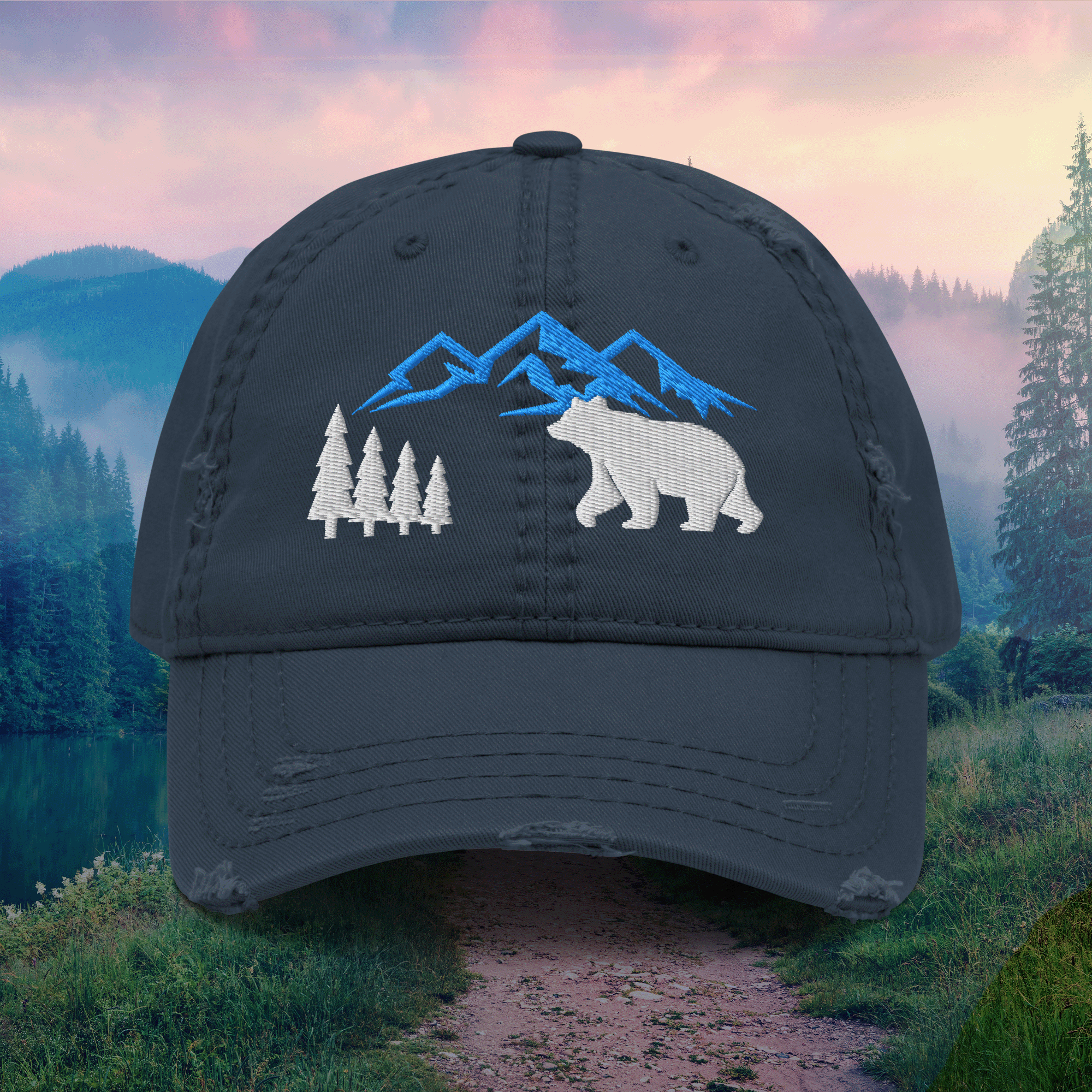 Embroidered Mountain Bear Distressed Dad Hat