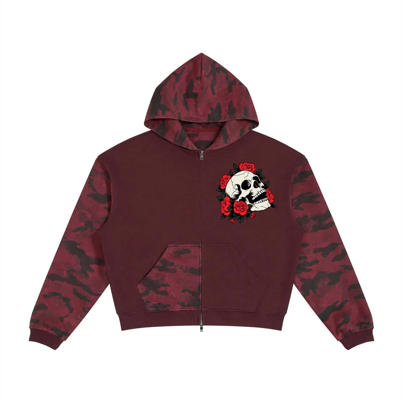 Skull & Roses Unisex Colorblock Camo Full Zip Boxy Hoodie