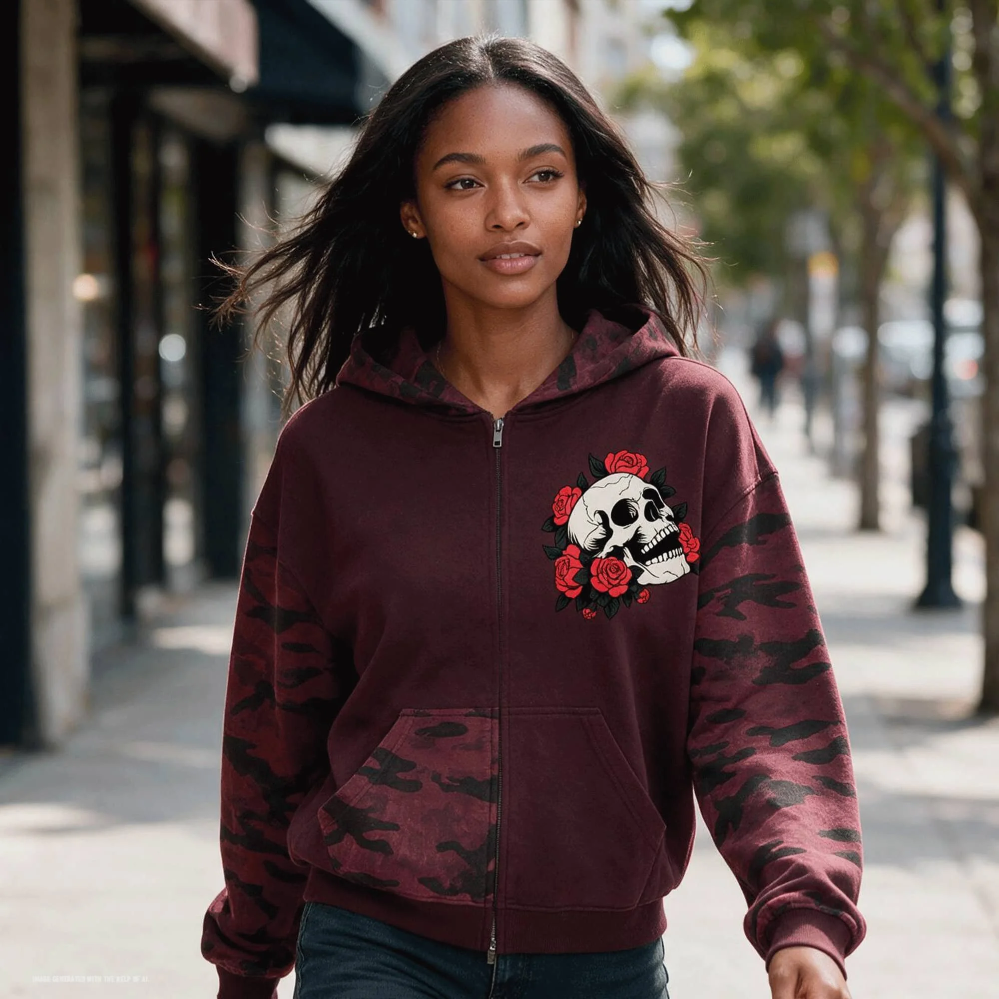 Skull & Roses Unisex Colorblock Camo Full Zip Boxy Hoodie