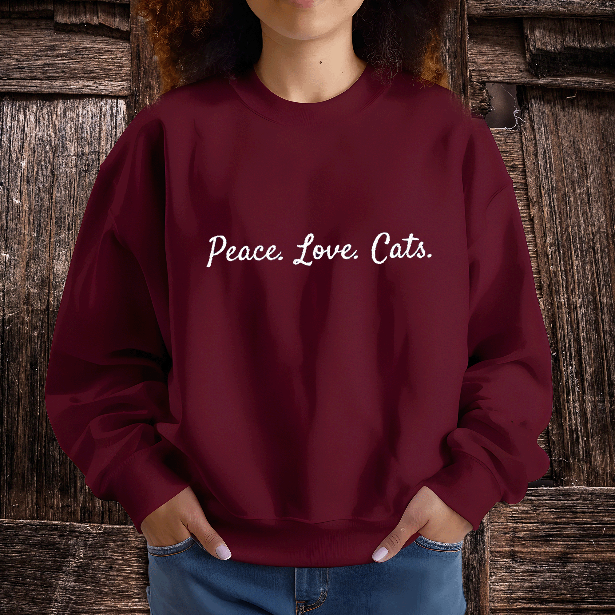 Embroidered Peace Love Cats Crewneck Sweatshirt
