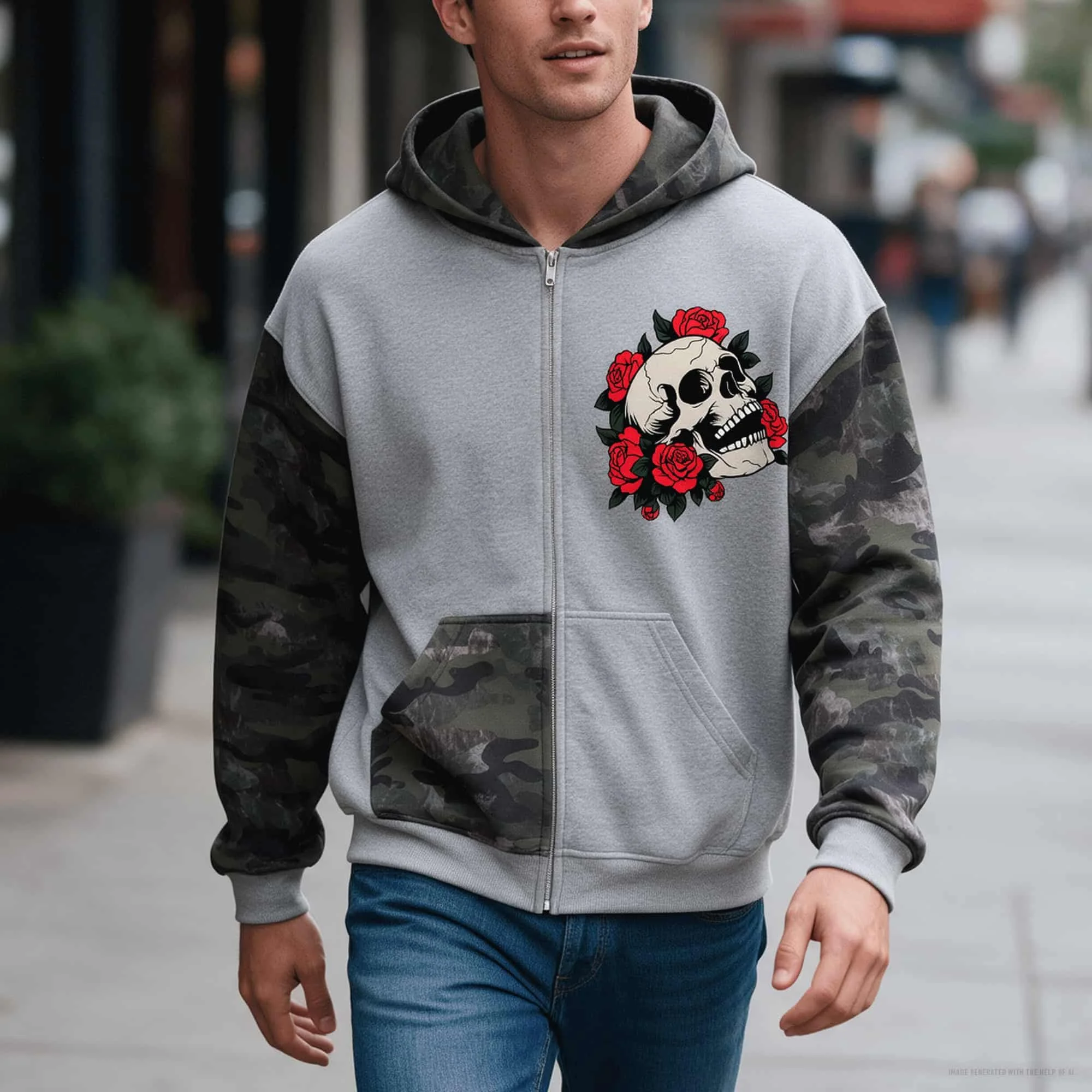 Skull & Roses Unisex Colorblock Camo Full Zip Boxy Hoodie