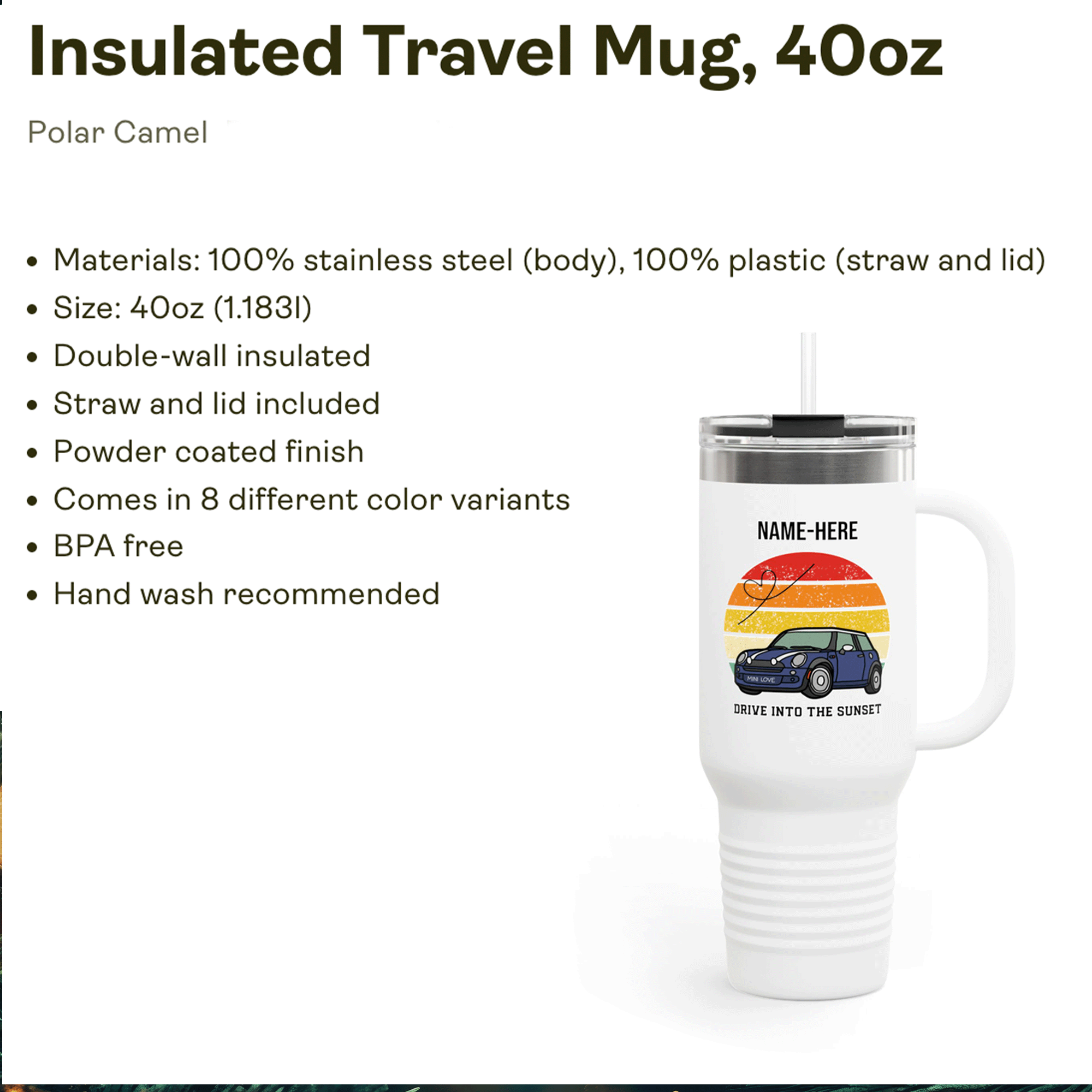 Personalized Mini Drive Into the Sunset Insulated 40oz Travel Mug