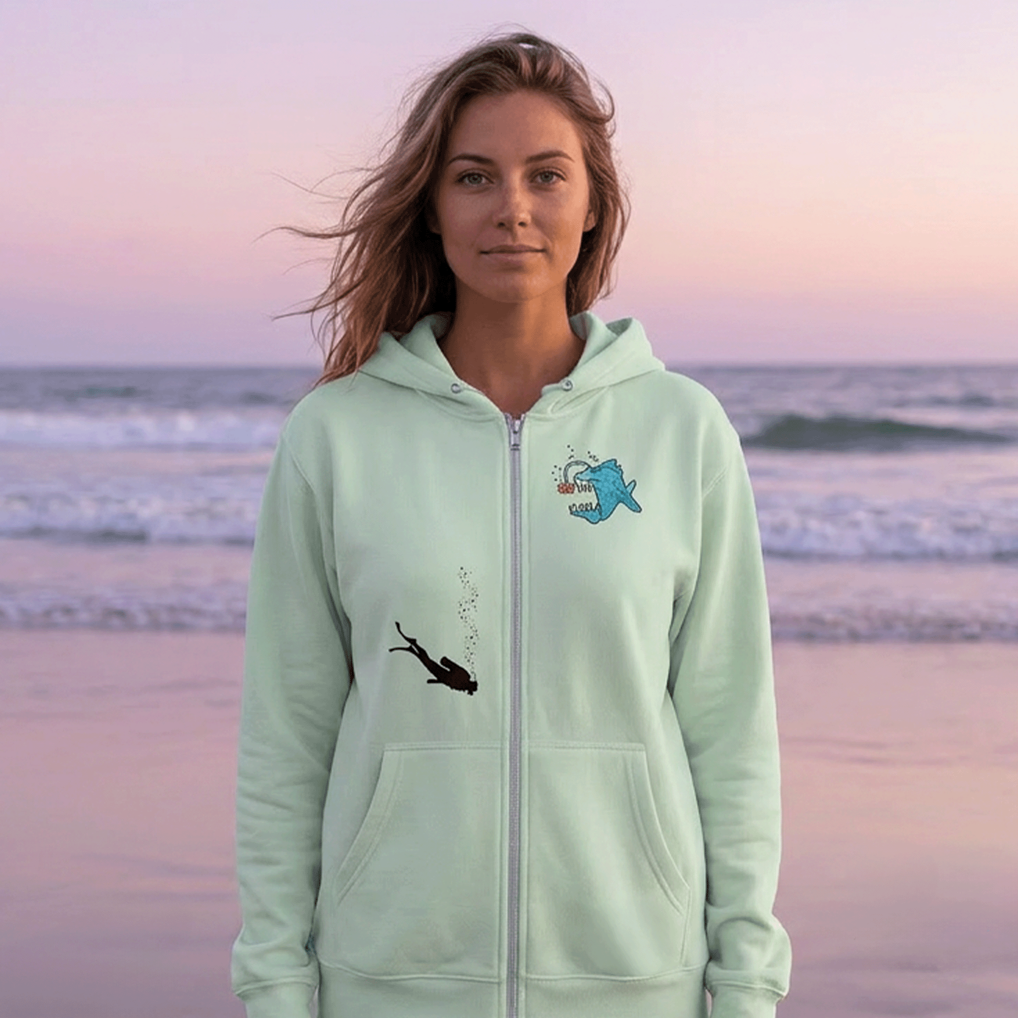 Funky Fish and Scuba Diver Unisex Full Zip Hoodie Jacket