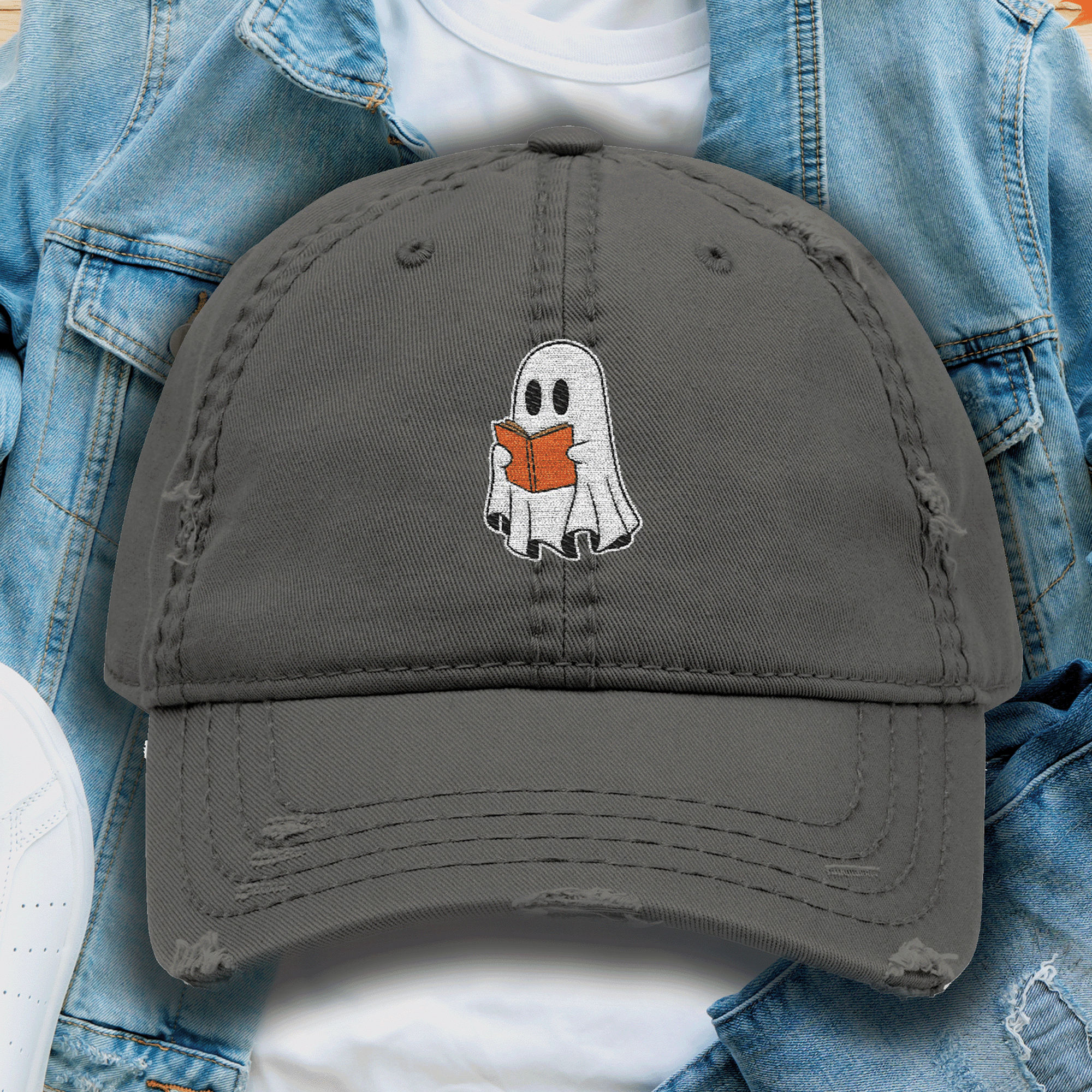 Embroidered Halloween Ghost Reading Book Distressed Dad Hat