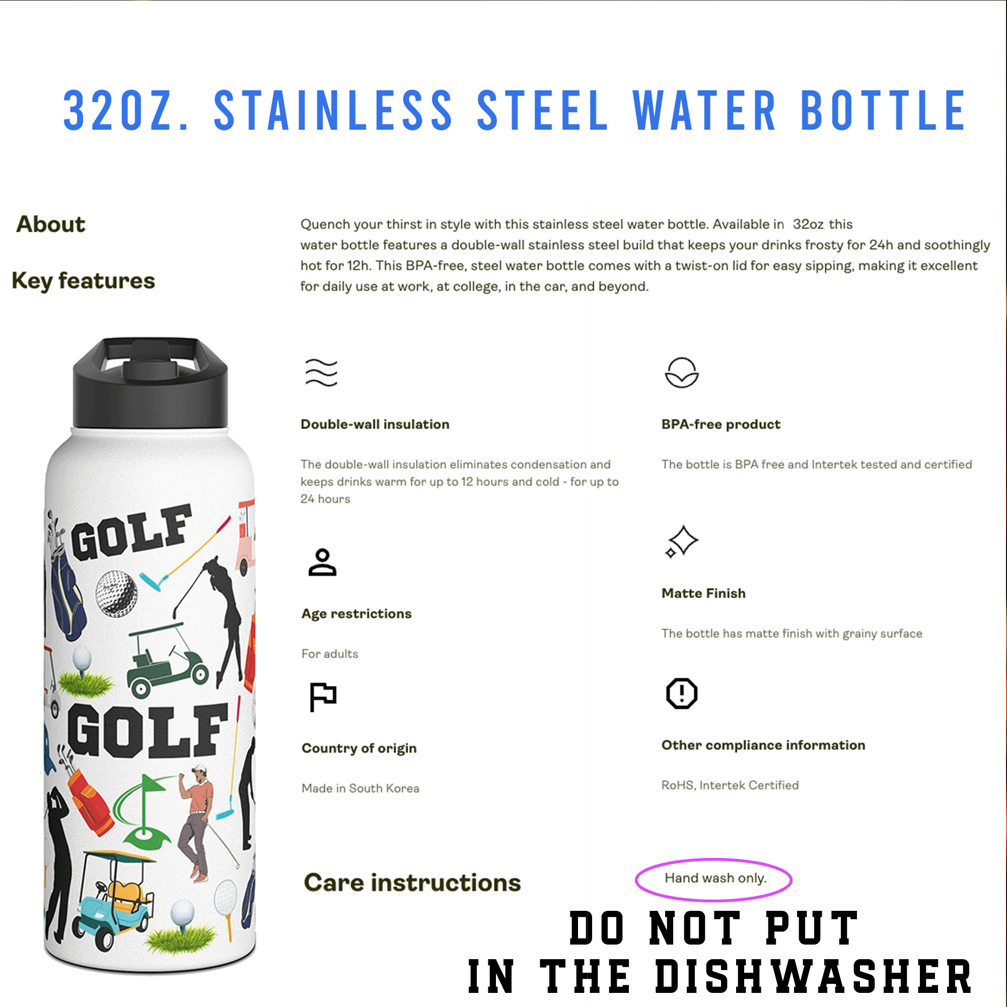 Golfing Stainless Steel Water Bottle