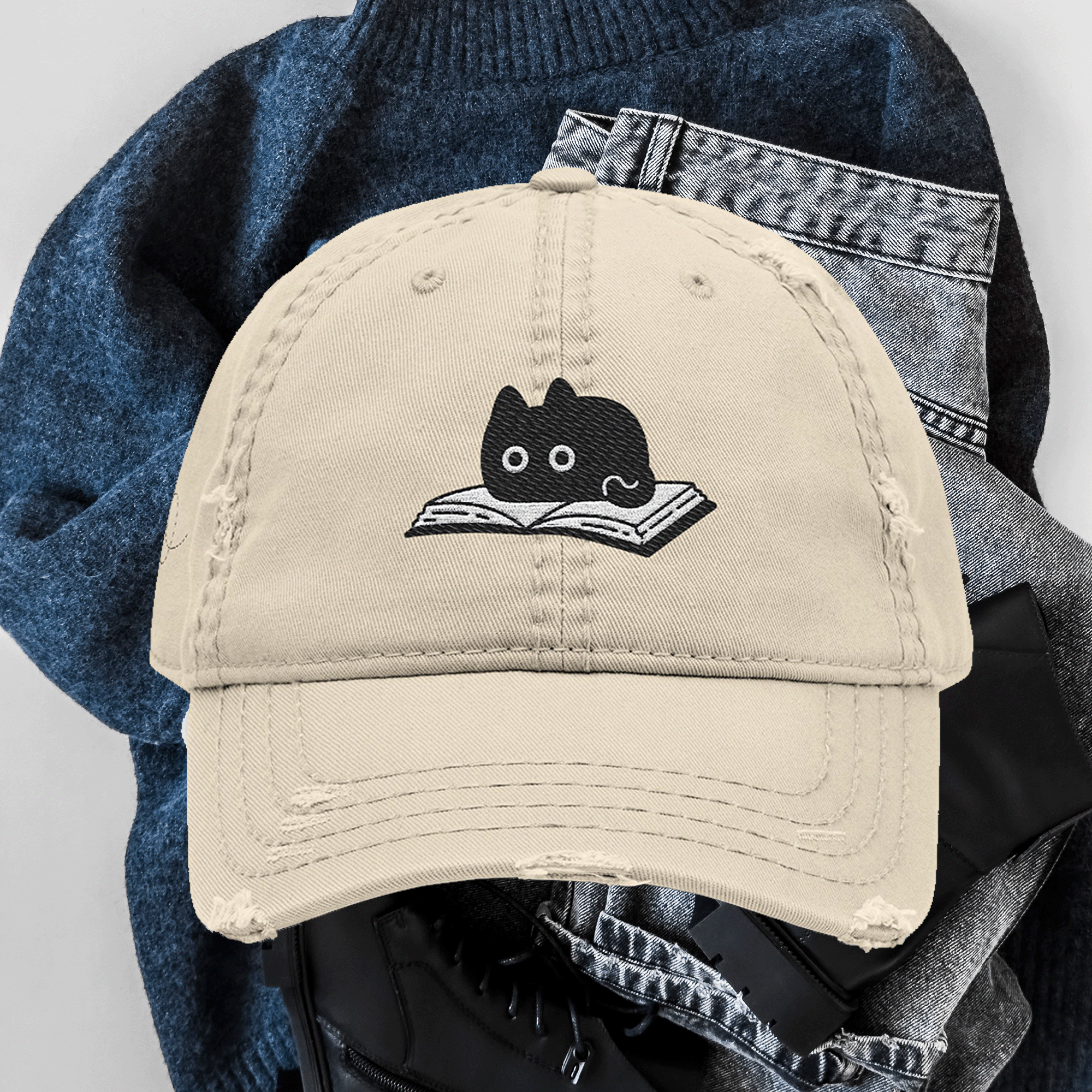 Embroidered Cat Reading Book Distressed Cap