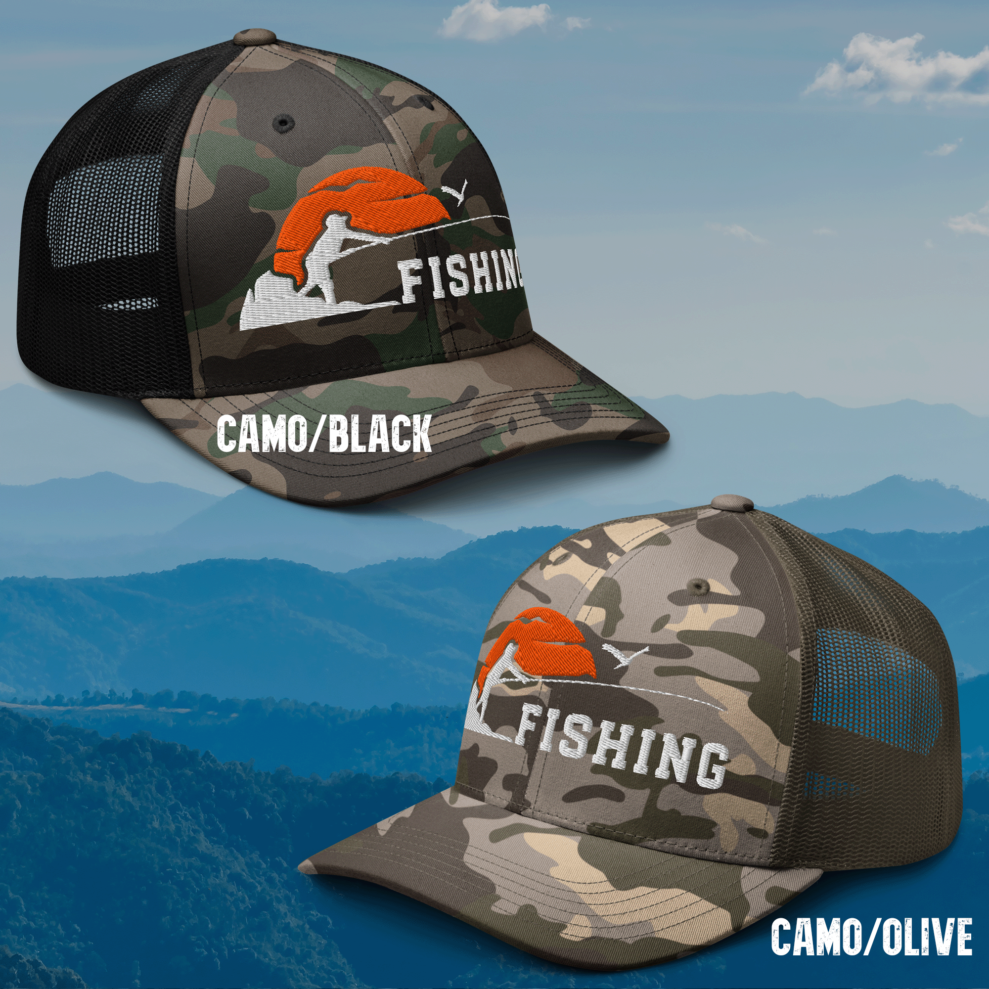 Embroidered Sunset Fishing Camouflage Trucker Hat