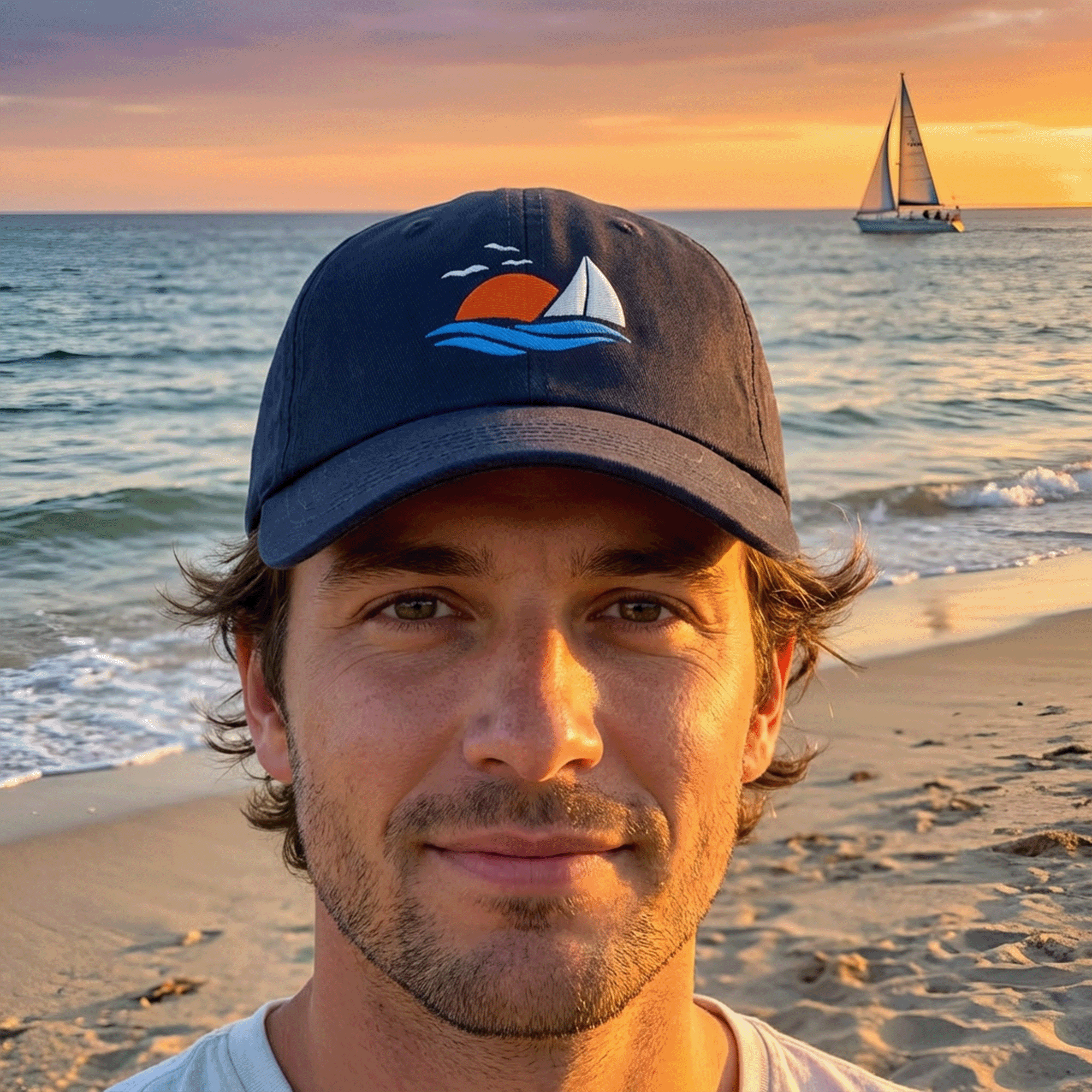 Embroidered Sailboat Sunset Low-profile Ball Cap