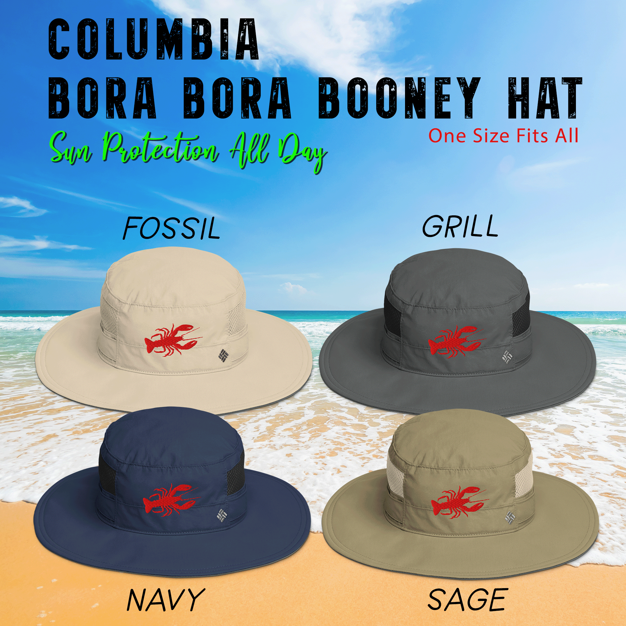 Embroidered Lobster Columbia Bora Bora Booney Hat