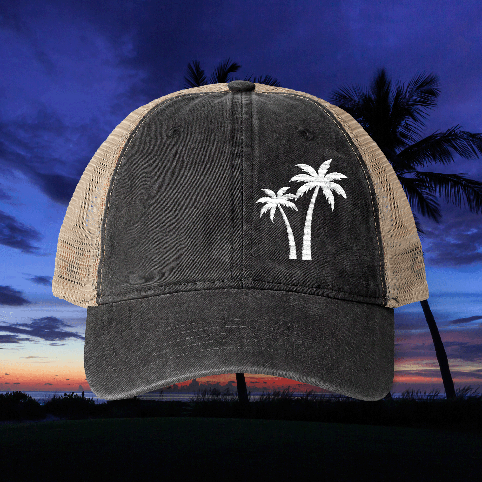 Embroidered White Palm Trees TESS Cap