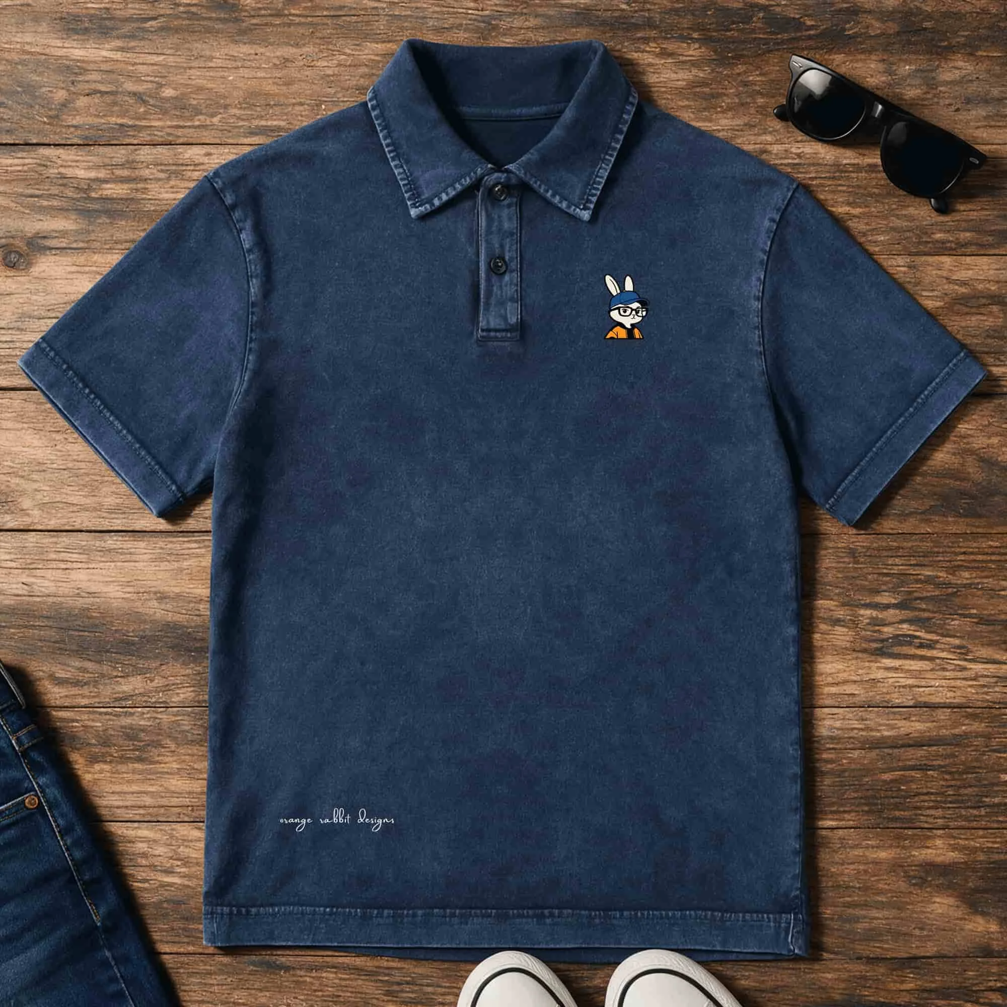 Orange Rabbit Bust Heavyweight Snow-Washed Polo T-Shirt