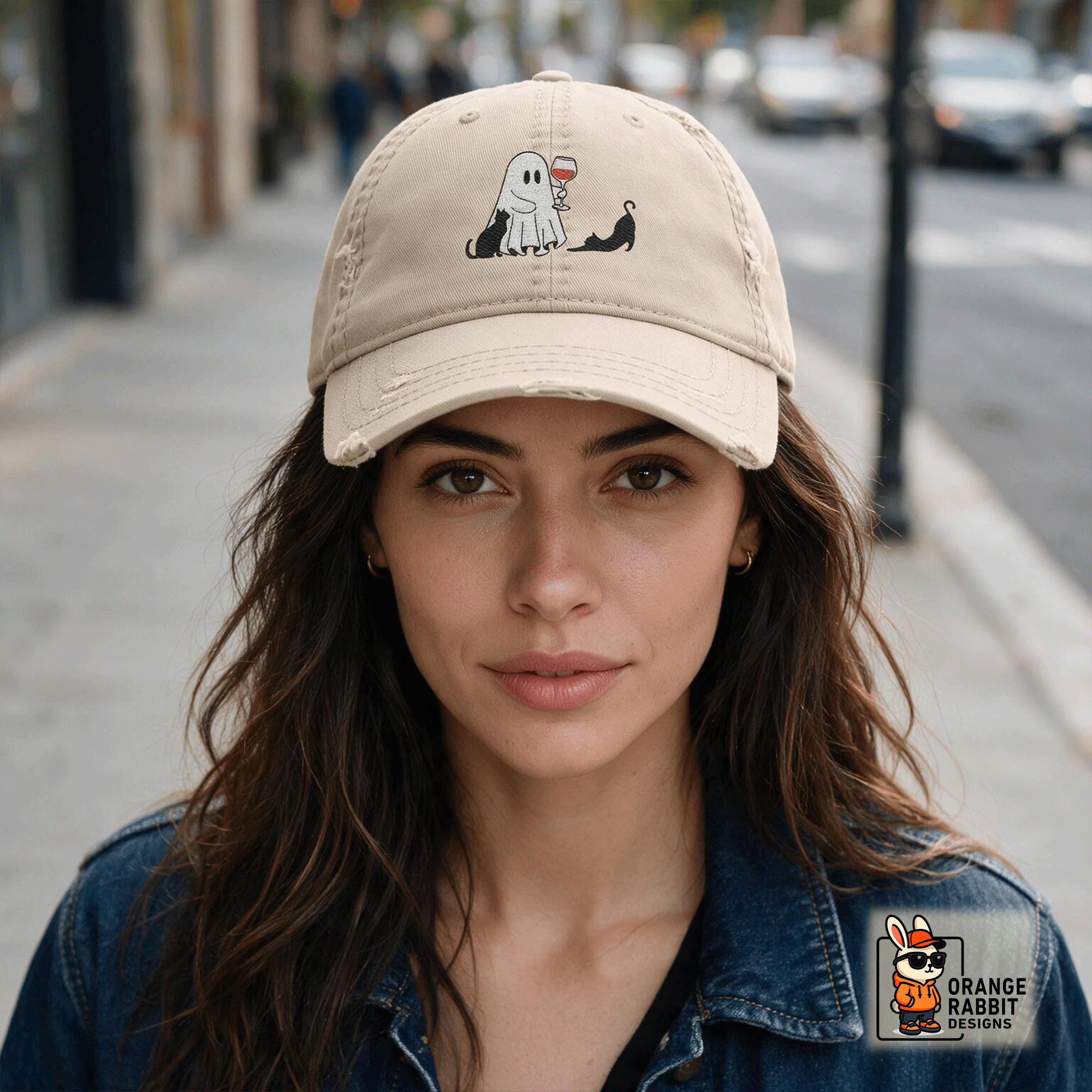 Embroidered Halloween Ghost Drinking Wine Distressed Dad Hat