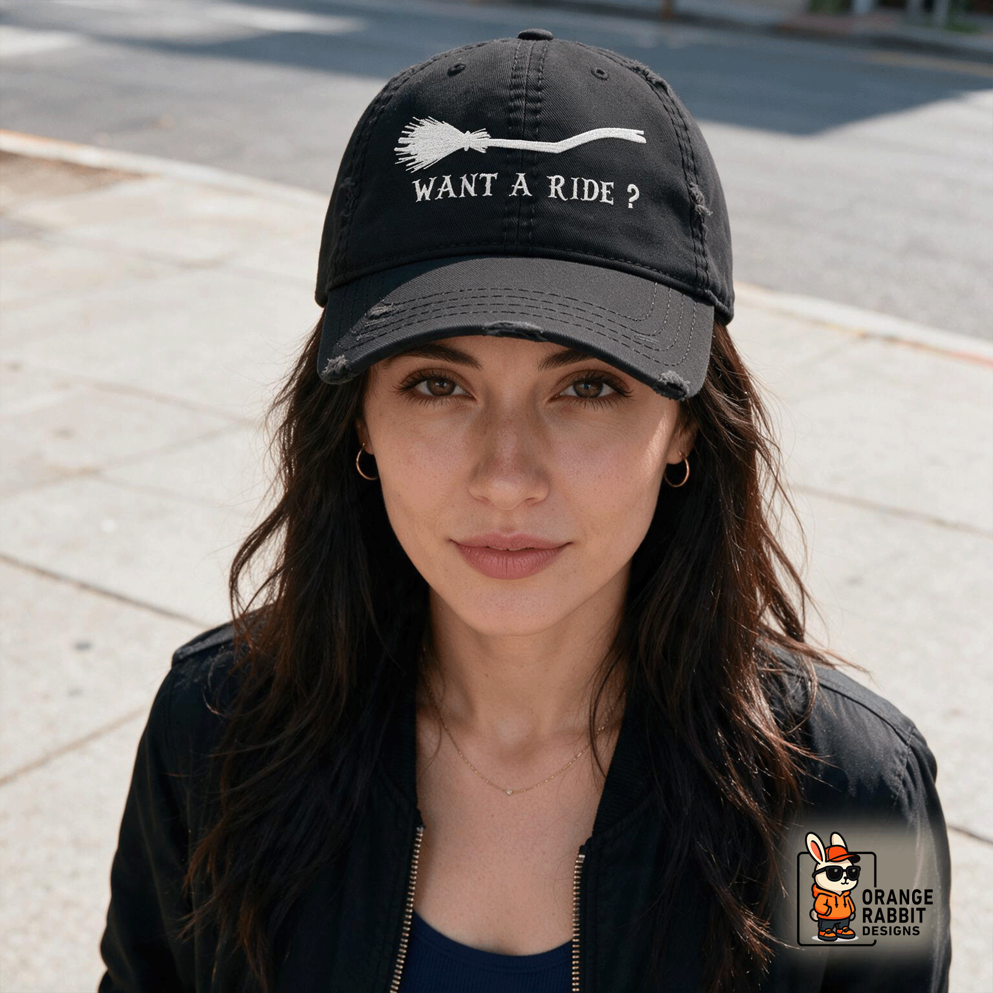 Embroidered Halloween Witch Broom Distressed Dad Hat