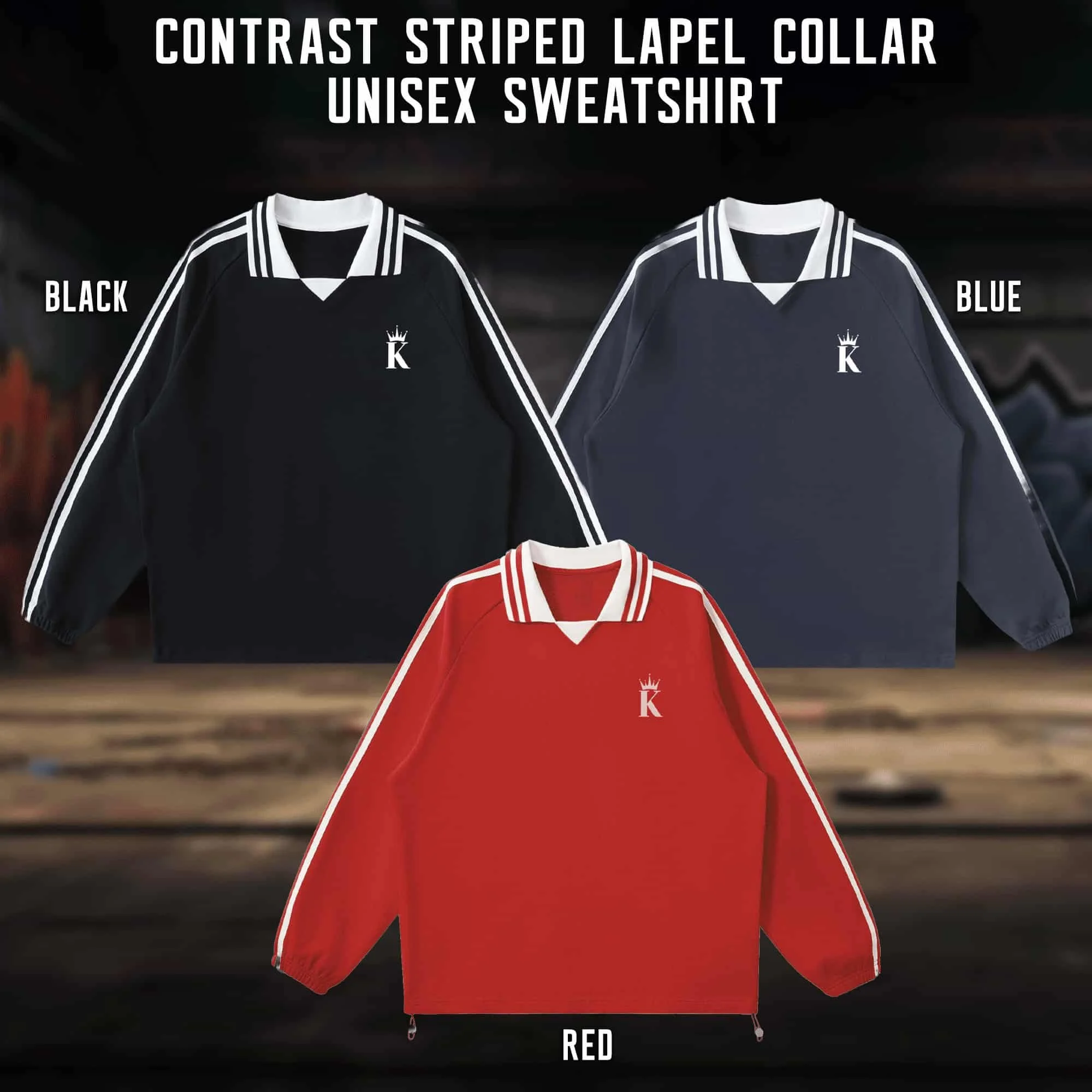 KING Contrast Striped Lapel Collar Sweatshirt
