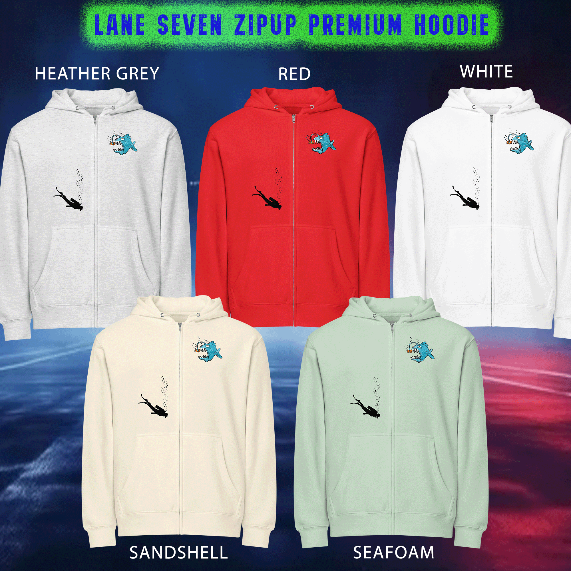 Funky Fish and Scuba Diver Unisex Full Zip Hoodie Jacket