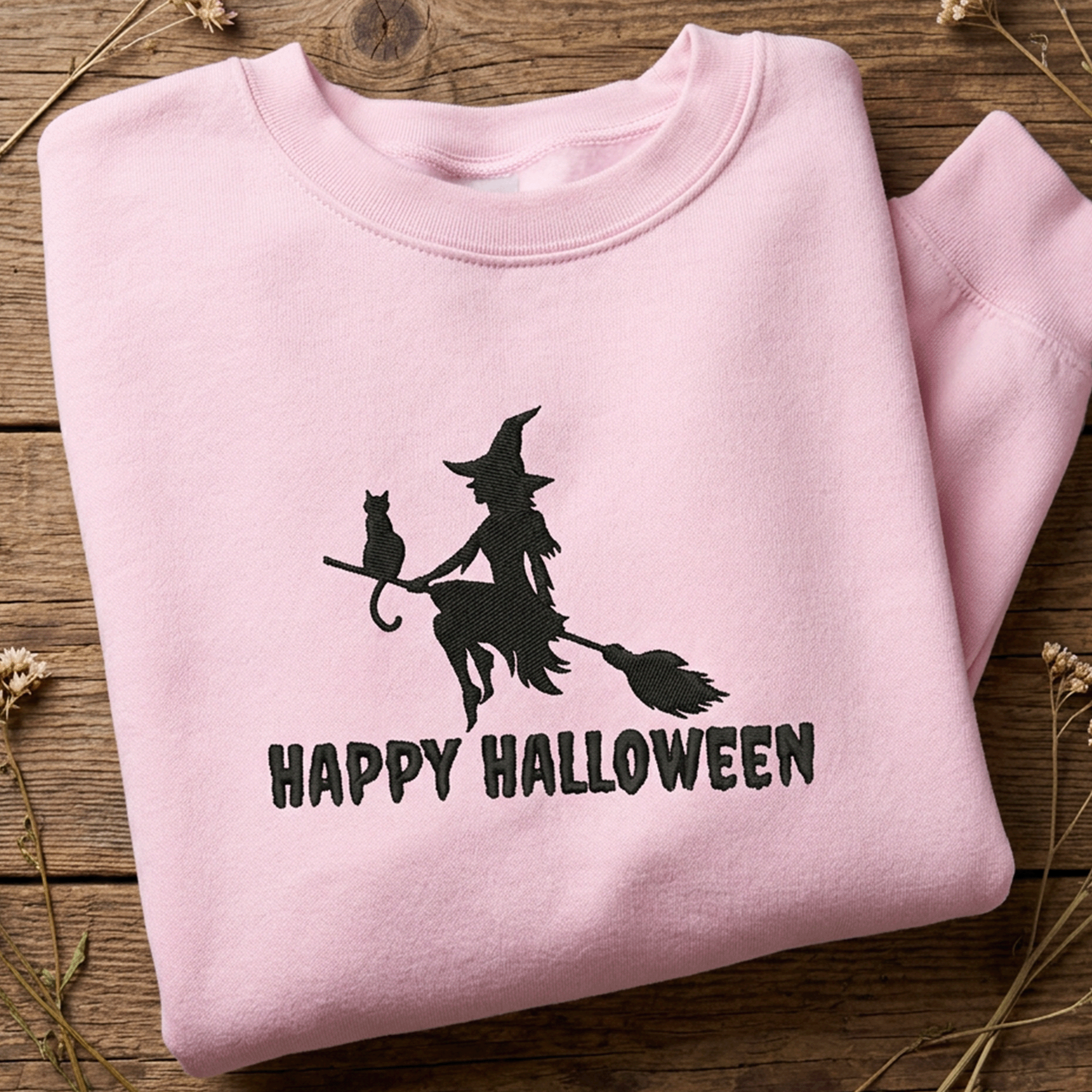 Embroidered Halloween Witch and Cat Silhouette Crewneck