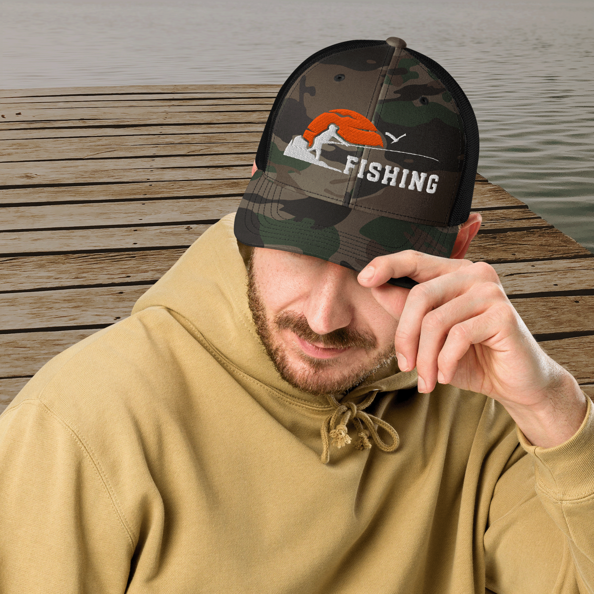 Embroidered Sunset Fishing Camouflage Trucker Hat