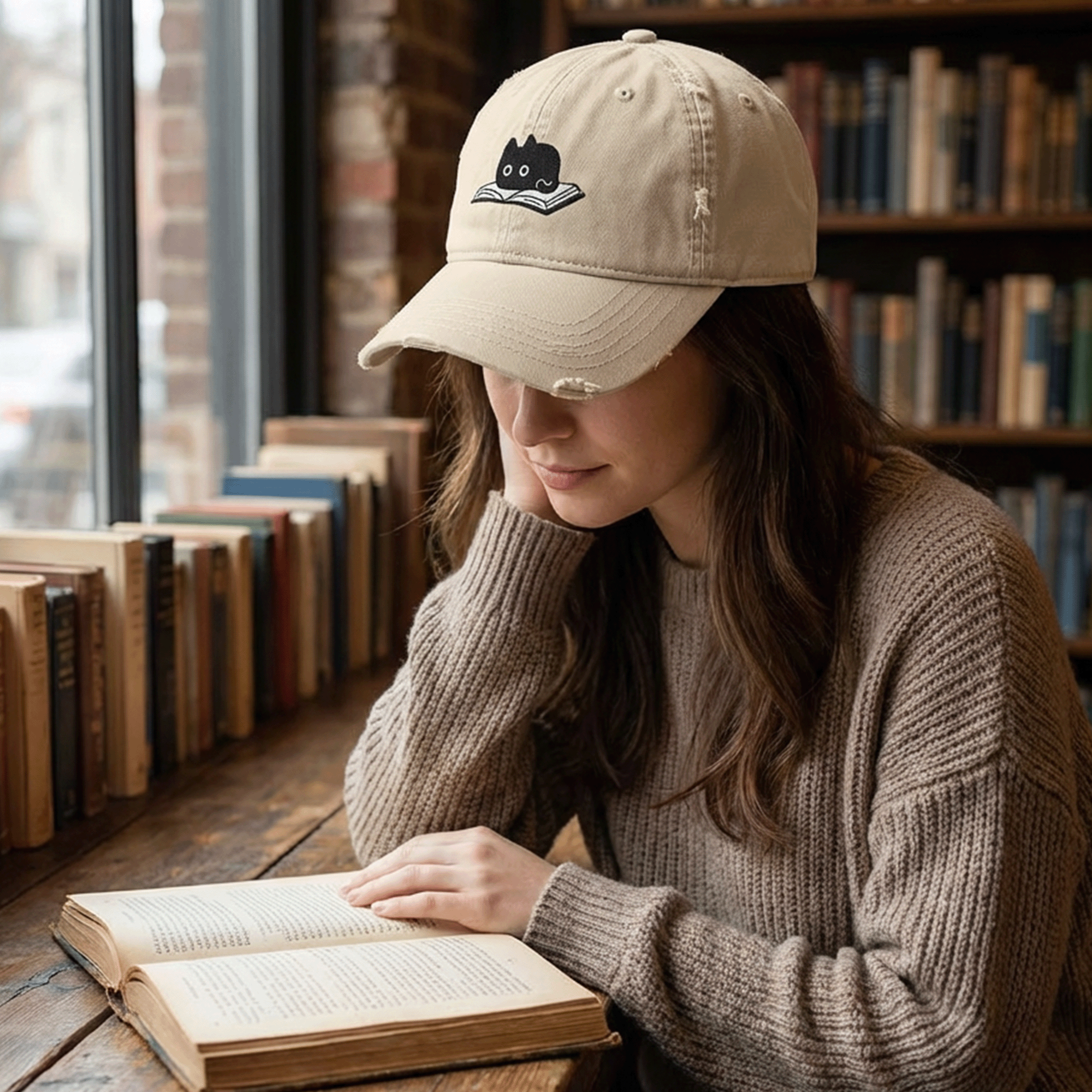 Embroidered Cat Reading Book Distressed Cap