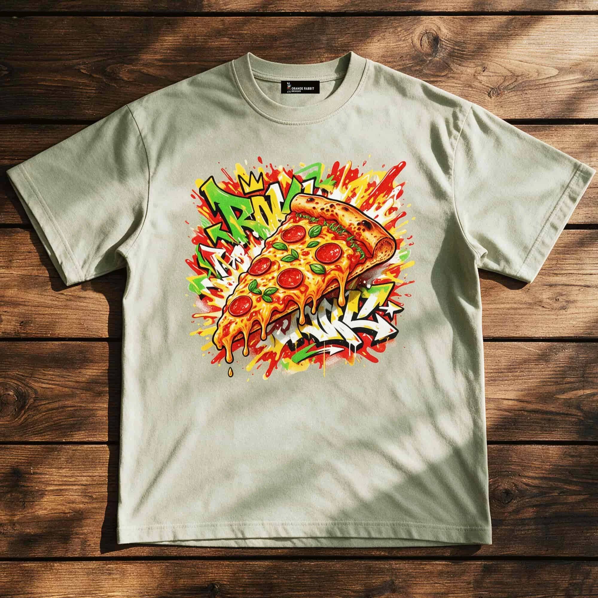 Pizza Graffiti Sun Faded Hand-Frayed Cotton T-Shirt