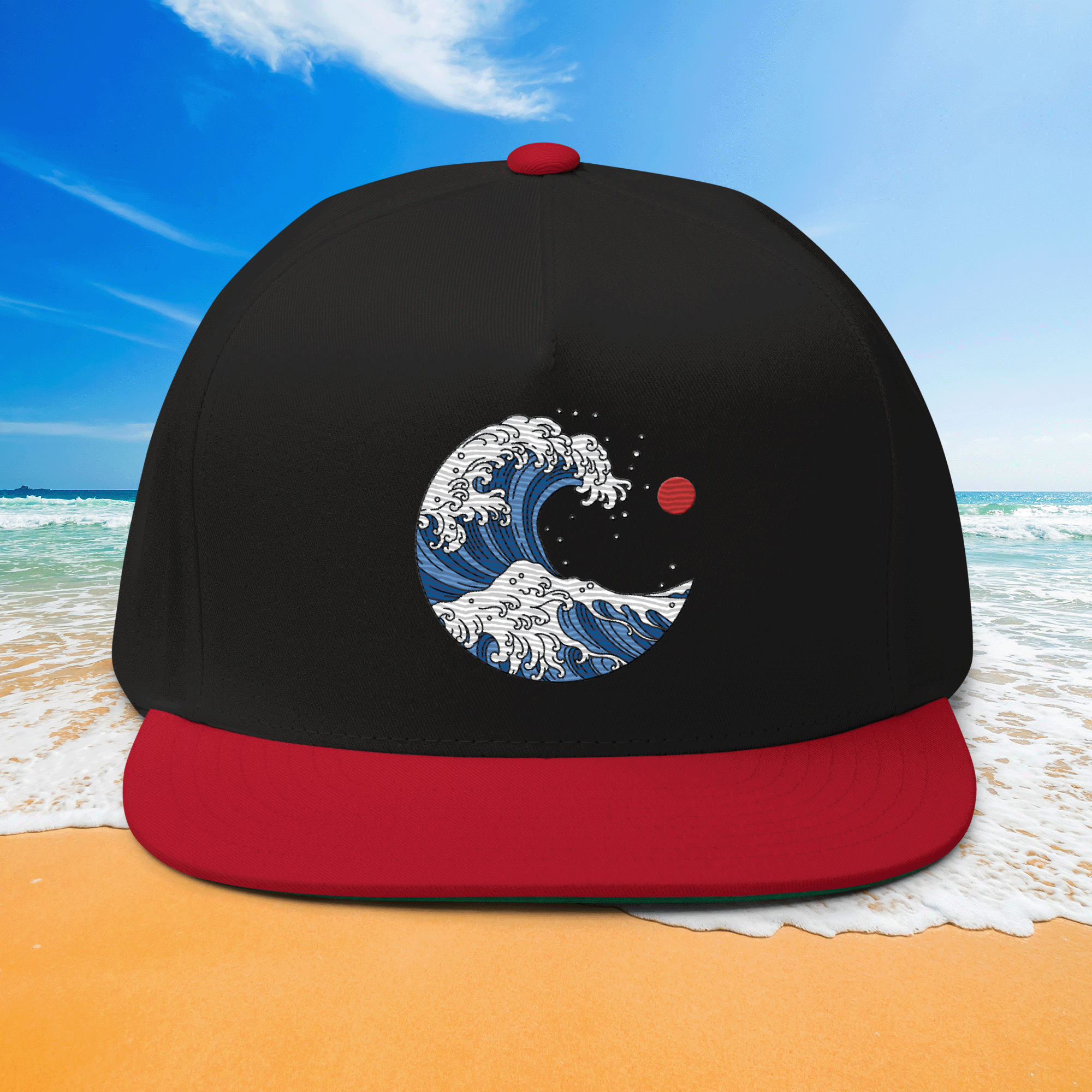 Embroidered Ocean Wave Flat Bill Cap