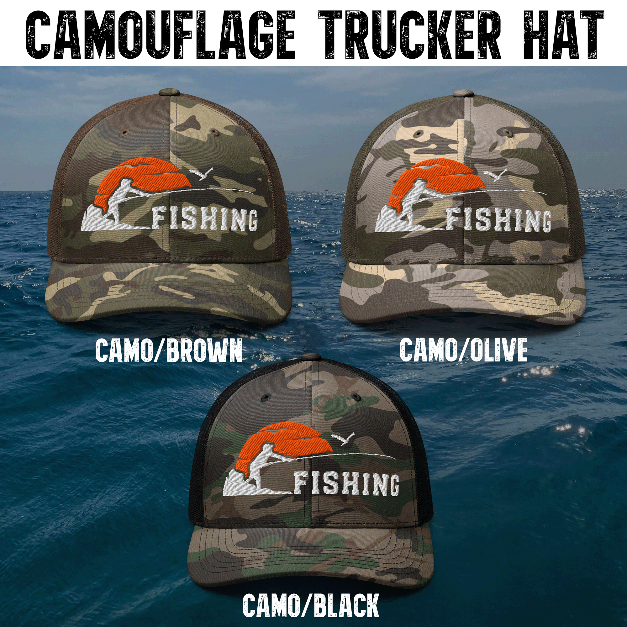 Embroidered Sunset Fishing Camouflage Trucker Hat