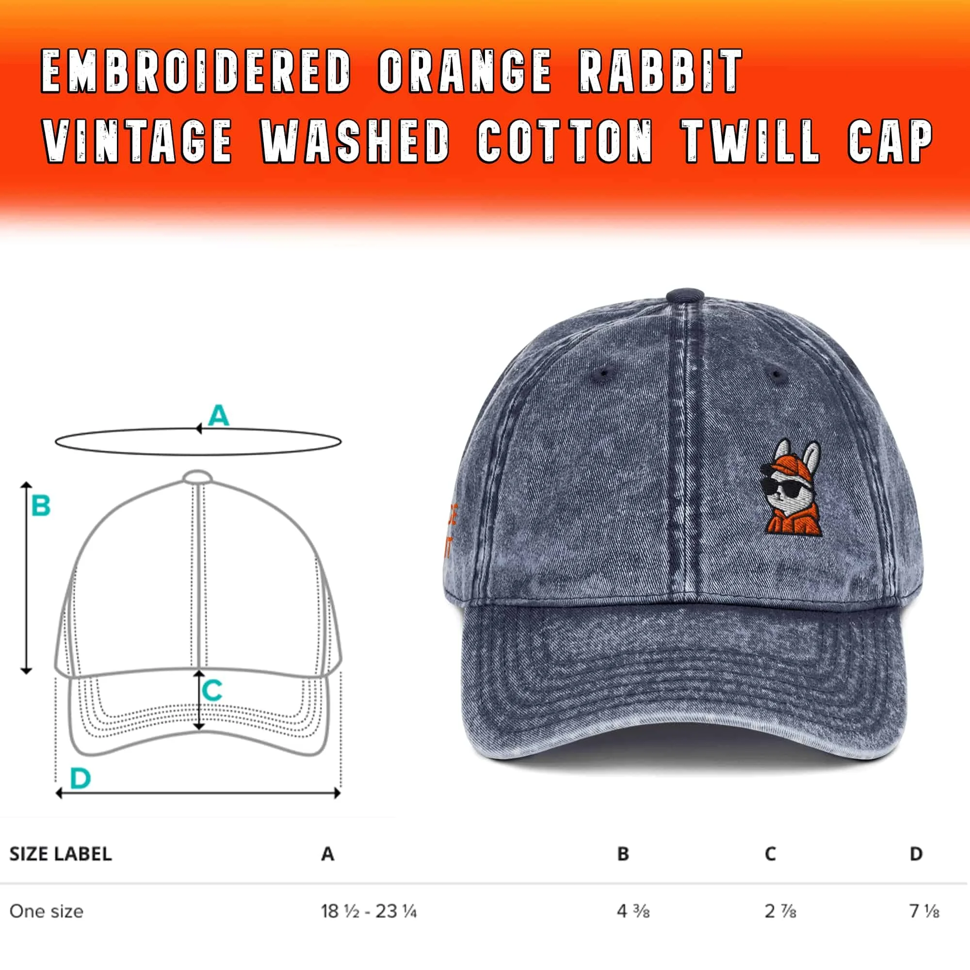 Embroidered Orange Rabbit Vintage Washed Cotton Twill Cap