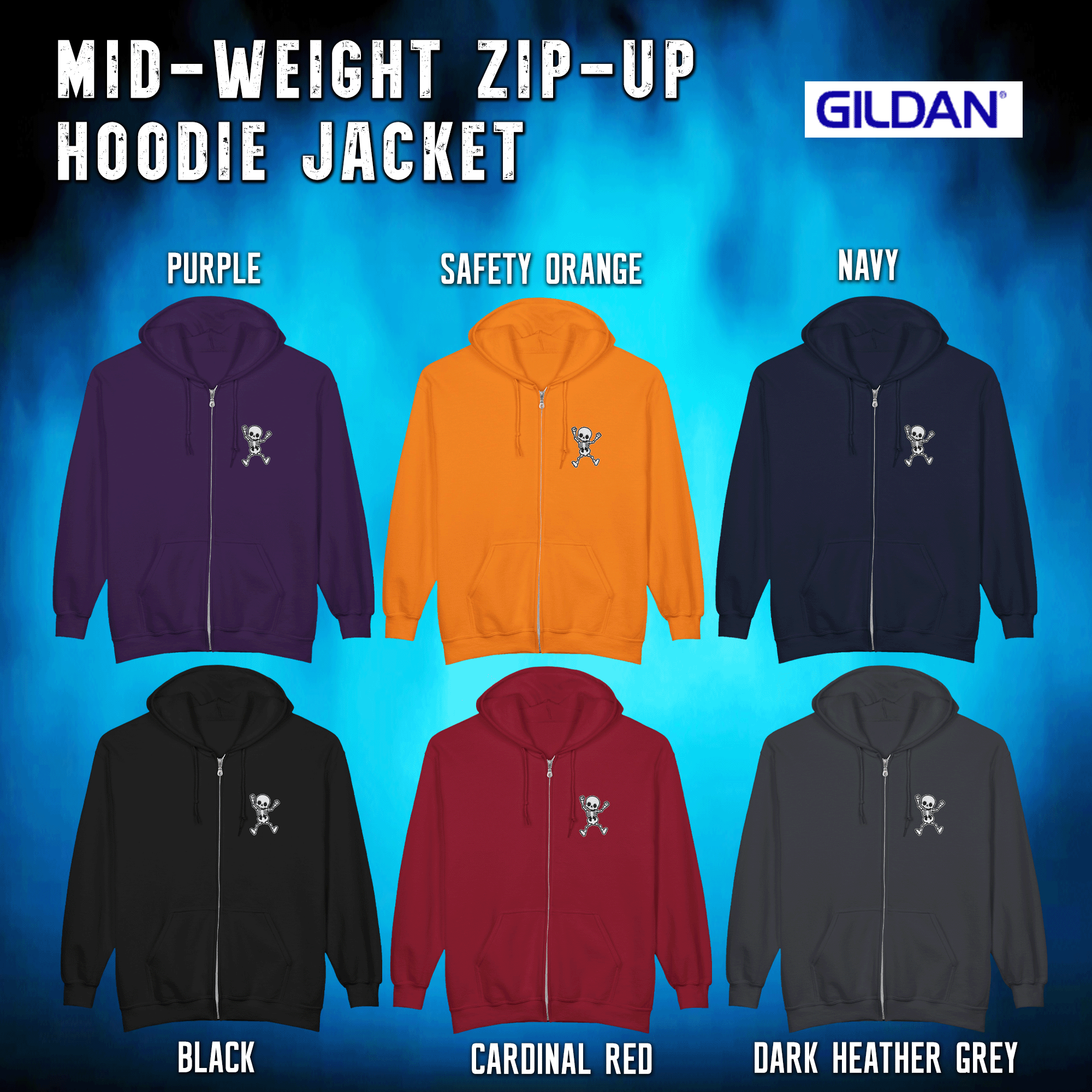 Embroidered Halloween Funny Skeleton Zip Up Hoodie