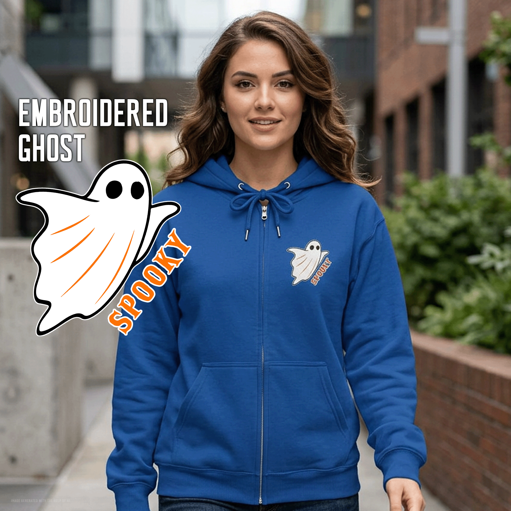 Embroidered Halloween Spooky Ghost Zip Up Hoodie