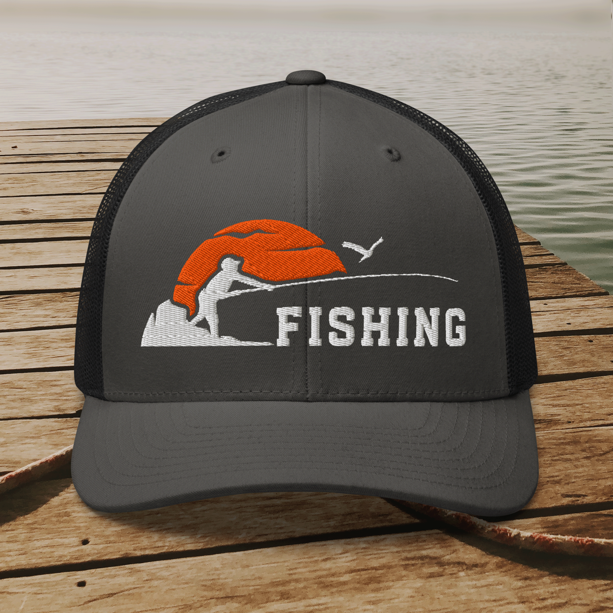 Embroidered Sunset Fishing Retro Trucker Hat