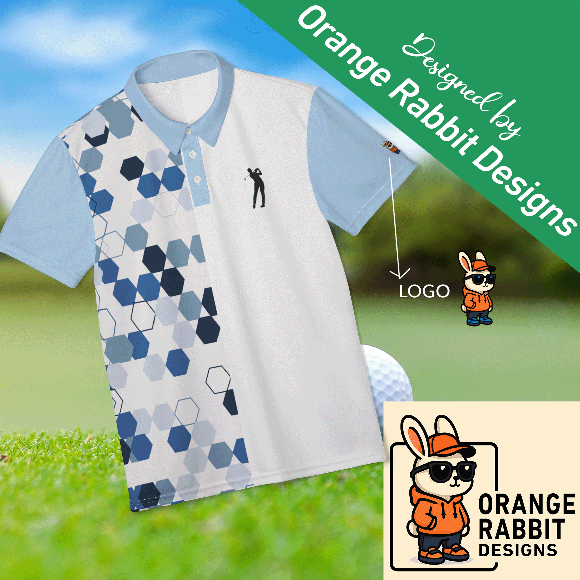 Blue Hexagon Pattern Golf Polo Shirt