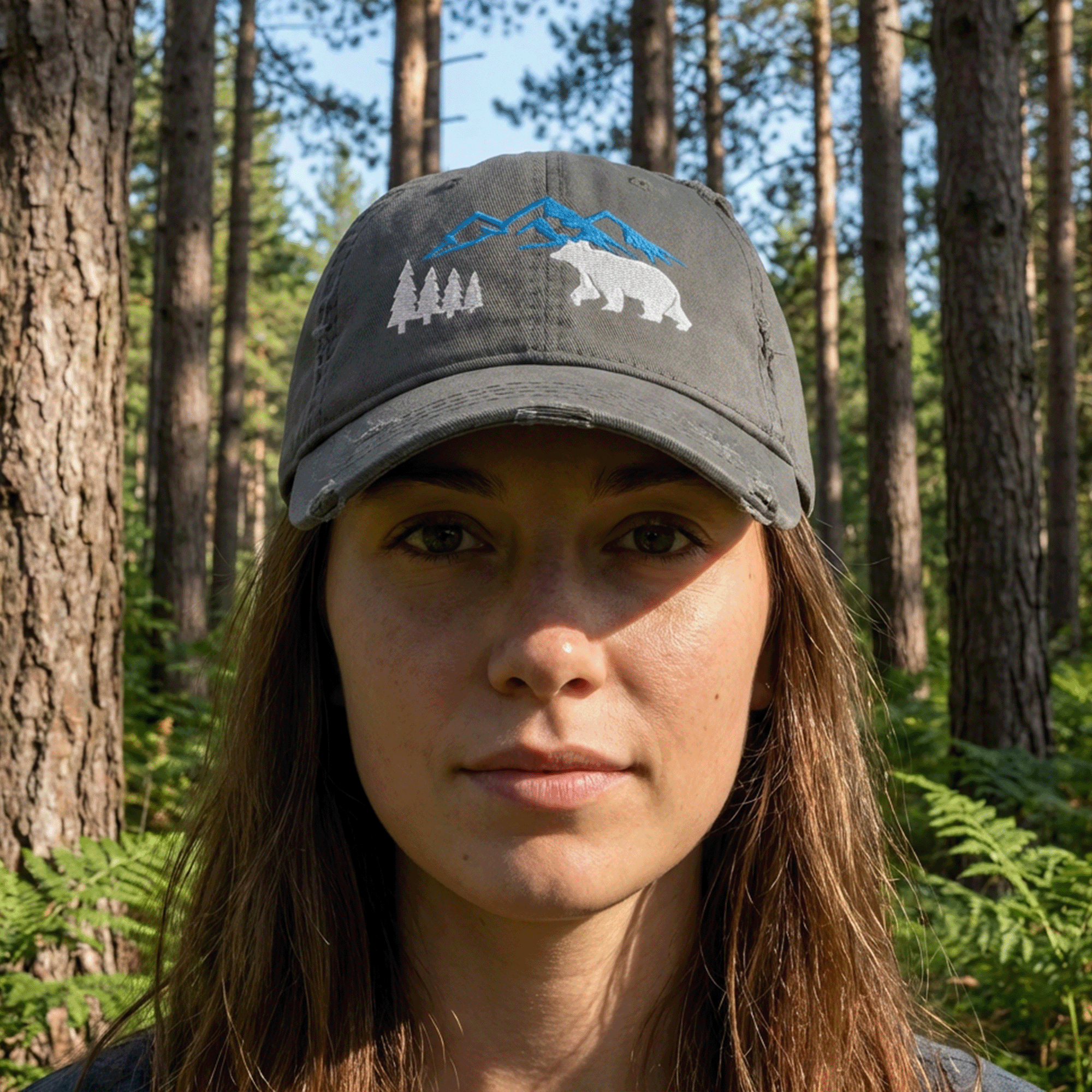 Embroidered Mountain Bear Distressed Dad Hat