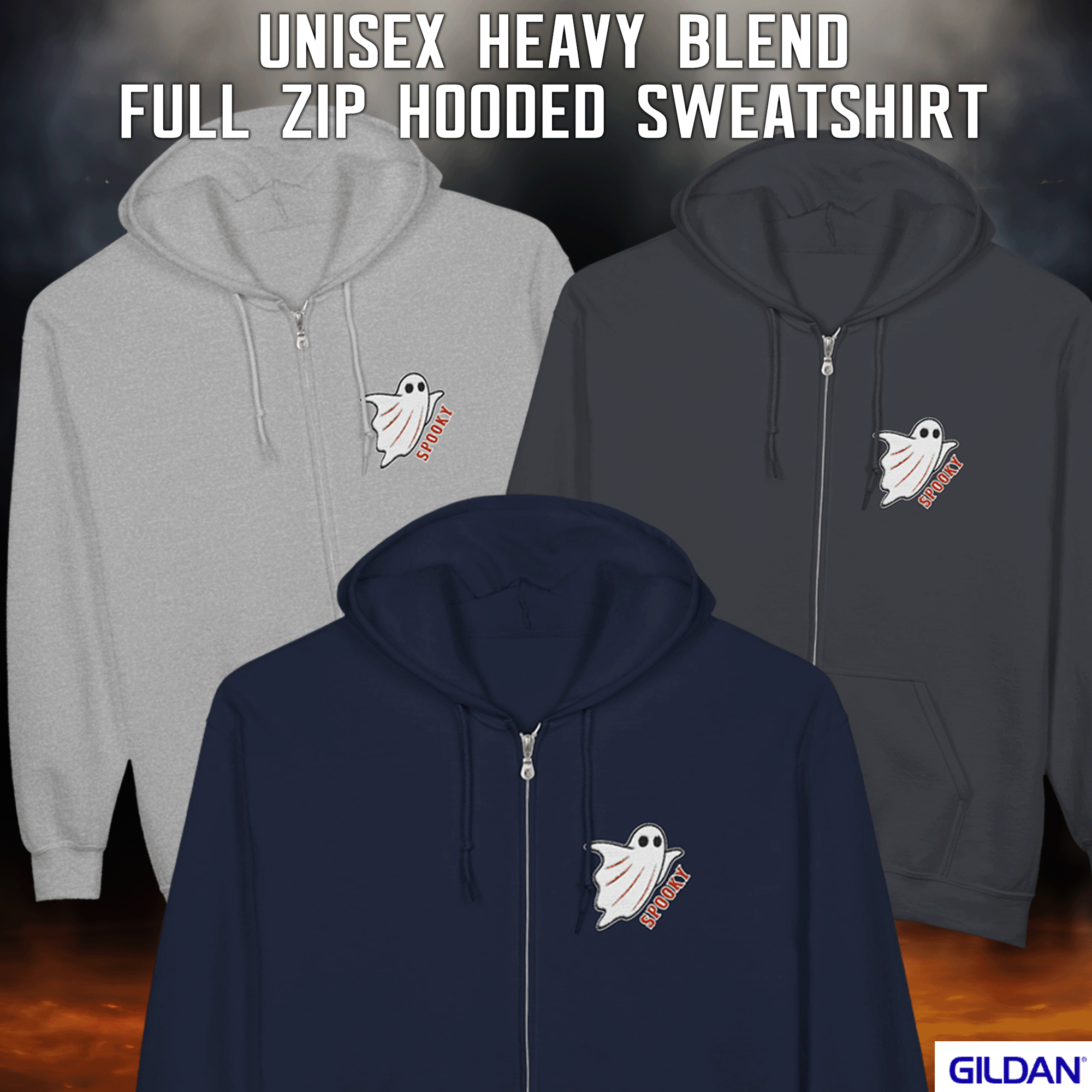 Embroidered Halloween Spooky Ghost Zip Up Hoodie