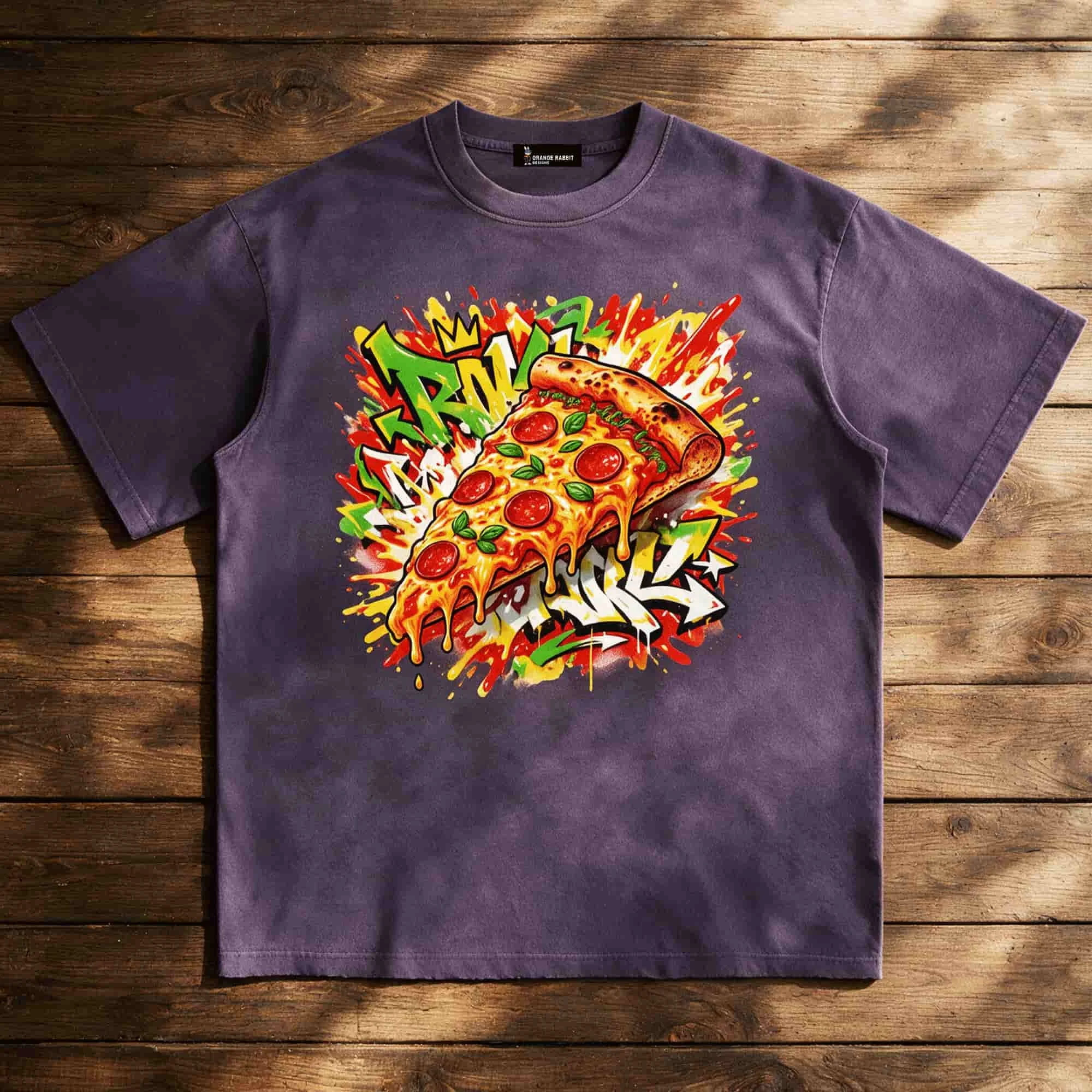 Pizza Graffiti Sun Faded Hand-Frayed Cotton T-Shirt