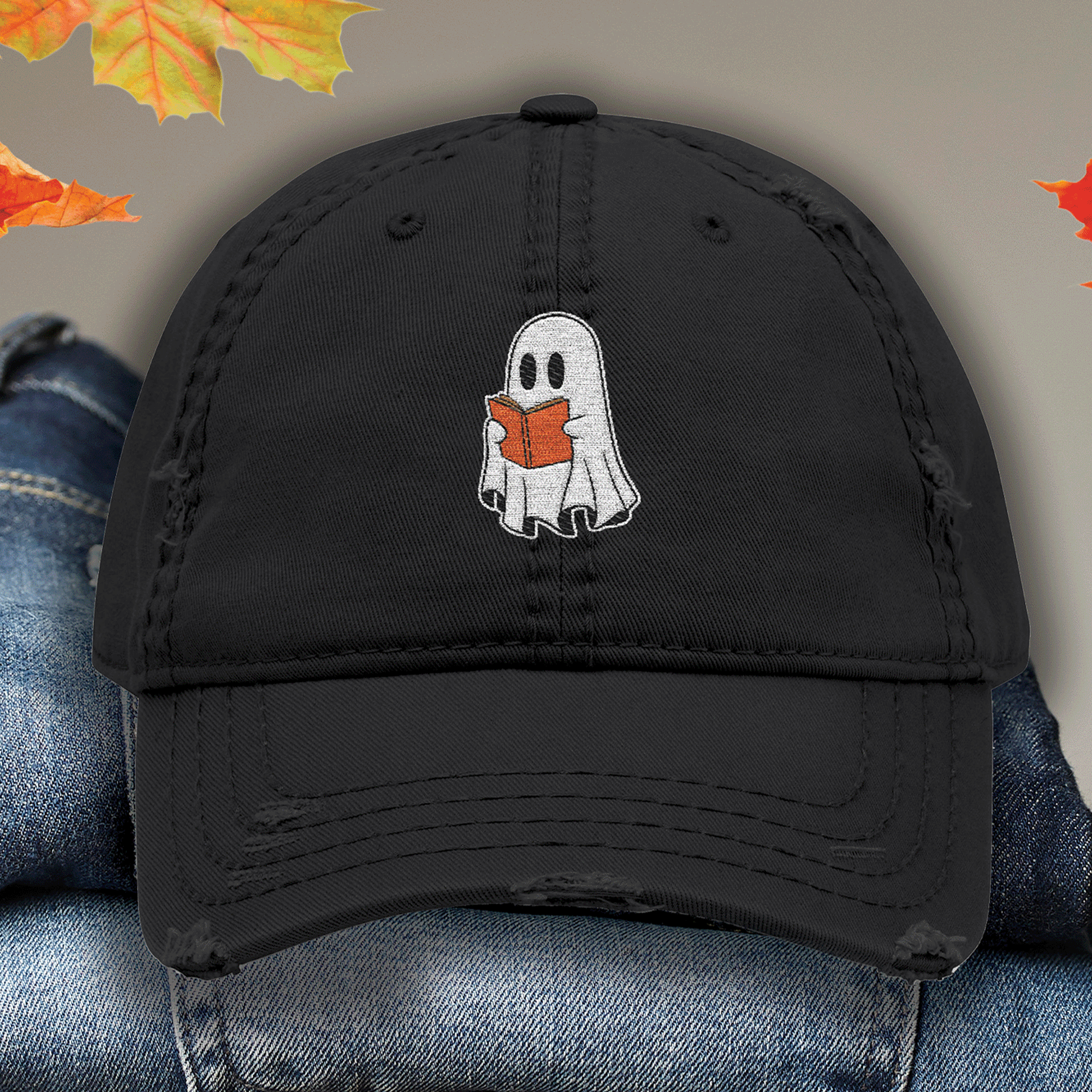 Embroidered Halloween Ghost Reading Book Distressed Dad Hat