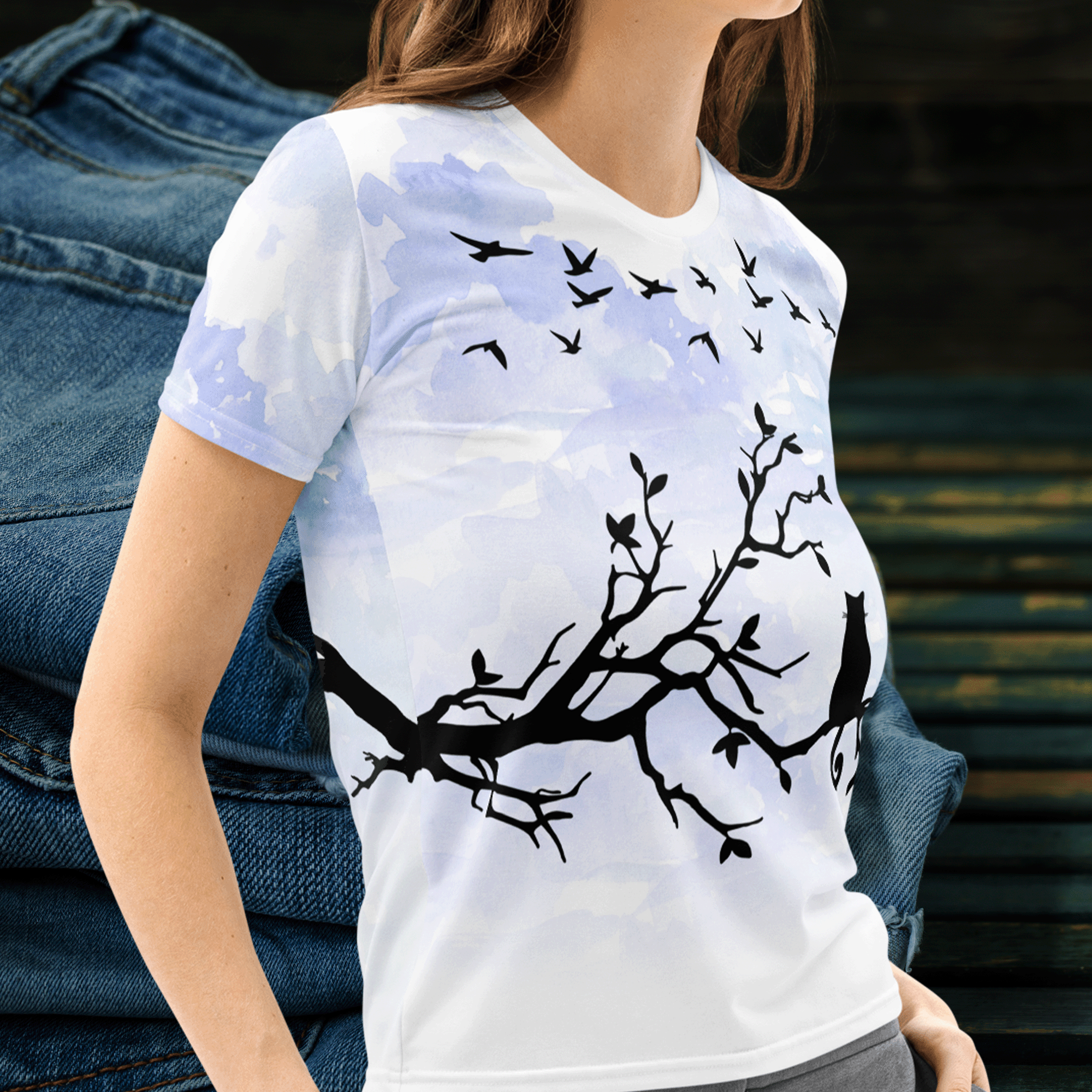 Black Cat Watching Birds Women's T-shirt