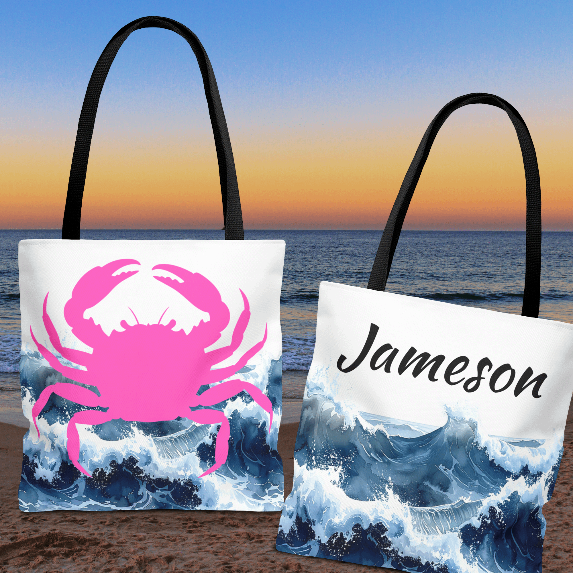Pink Crab Ocean Personalized Beach Tote Bag