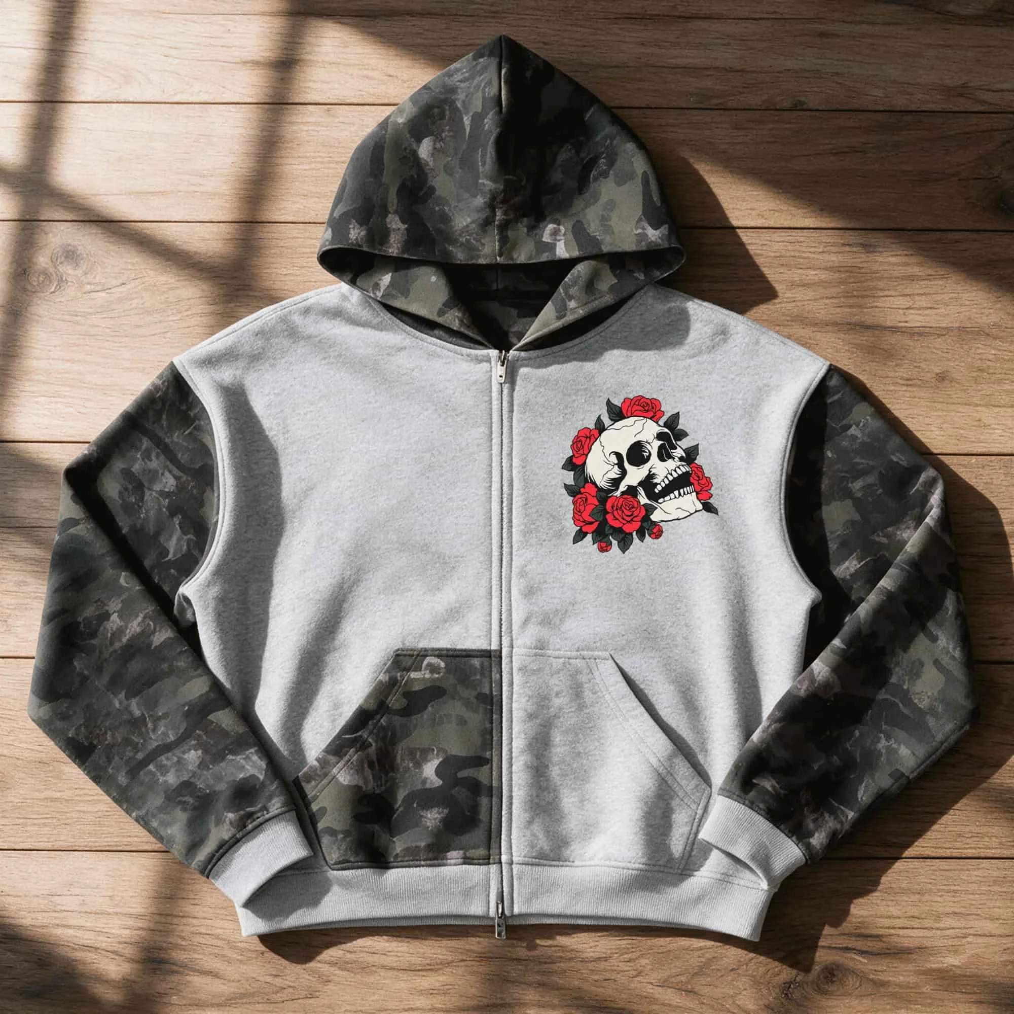 Skull & Roses Unisex Colorblock Camo Full Zip Boxy Hoodie