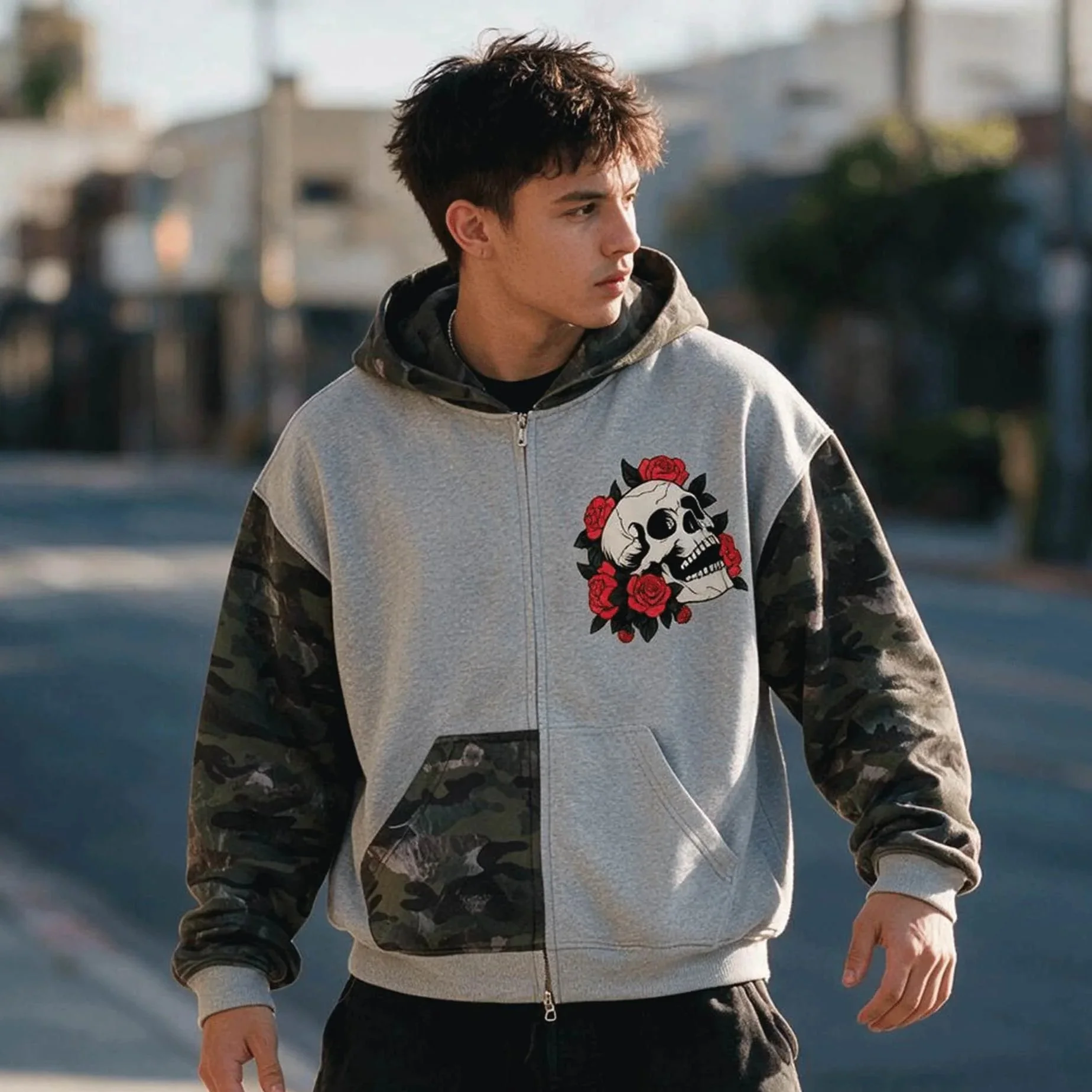 Skull & Roses Unisex Colorblock Camo Full Zip Boxy Hoodie