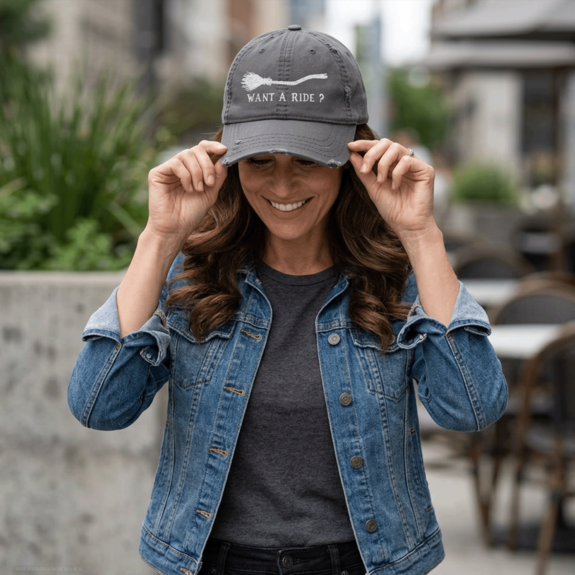 Embroidered Halloween Witch Broom Distressed Dad Hat