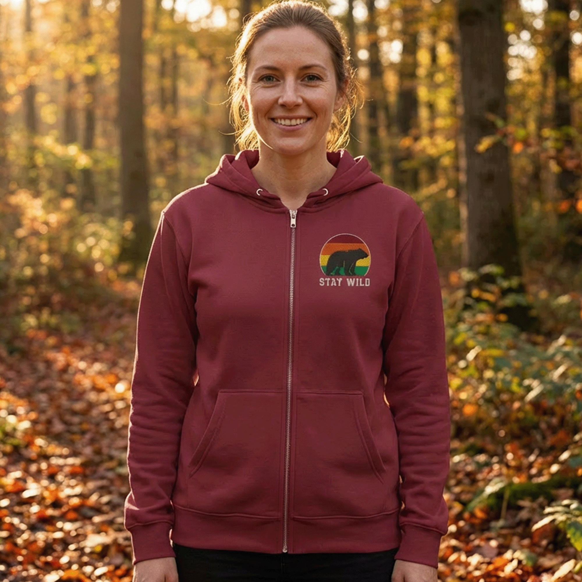 Embroidered Stay Wild Bear Full Zip Hoodie
