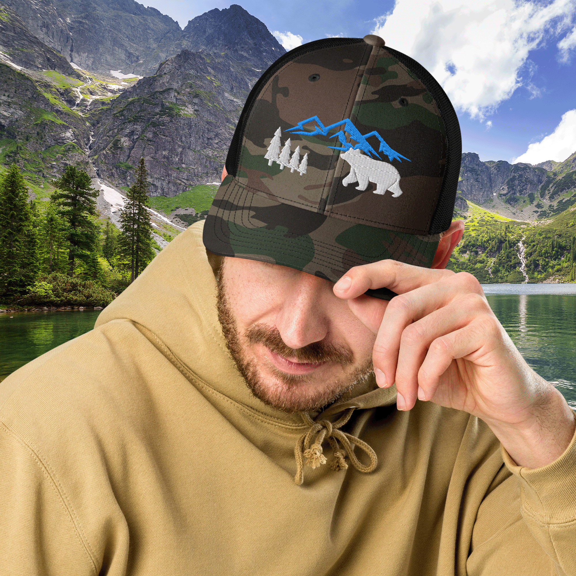 Embroidered Mountain Bear Camouflage Trucker Hat
