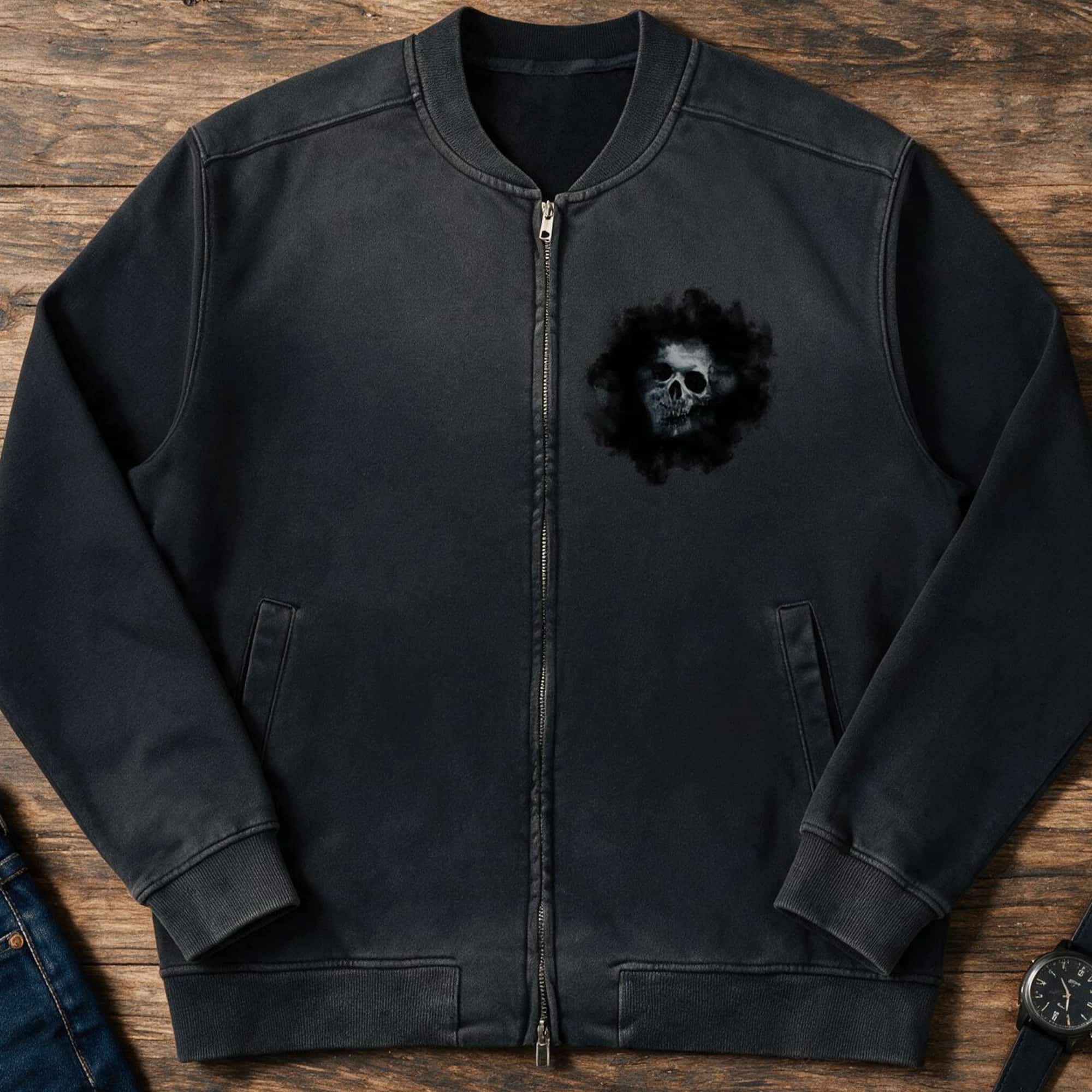Smokey Skull Sun Fade Heavyweight Baseball Jacket