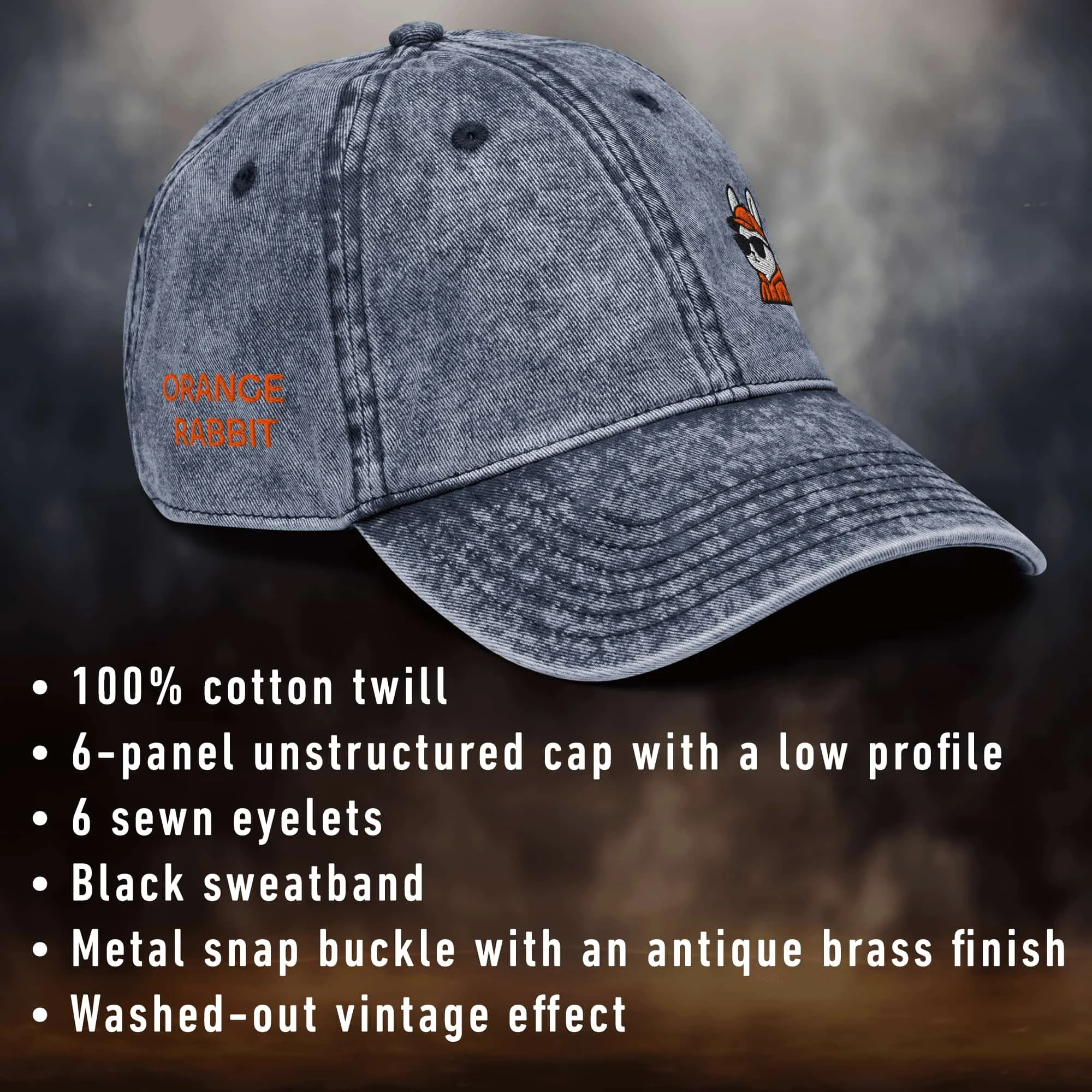 Embroidered Orange Rabbit Vintage Cotton Twill Cap