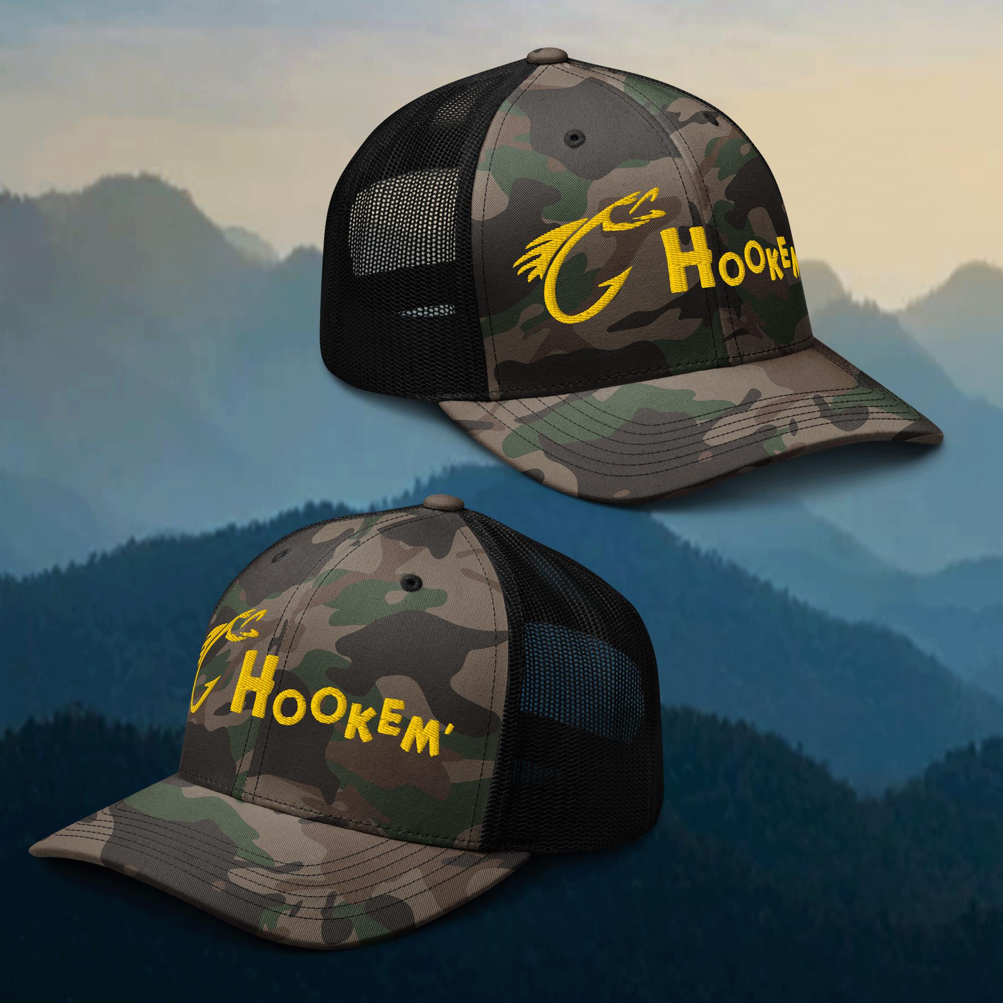 Embroidered Hookem Fishing Camouflage Trucker Hat