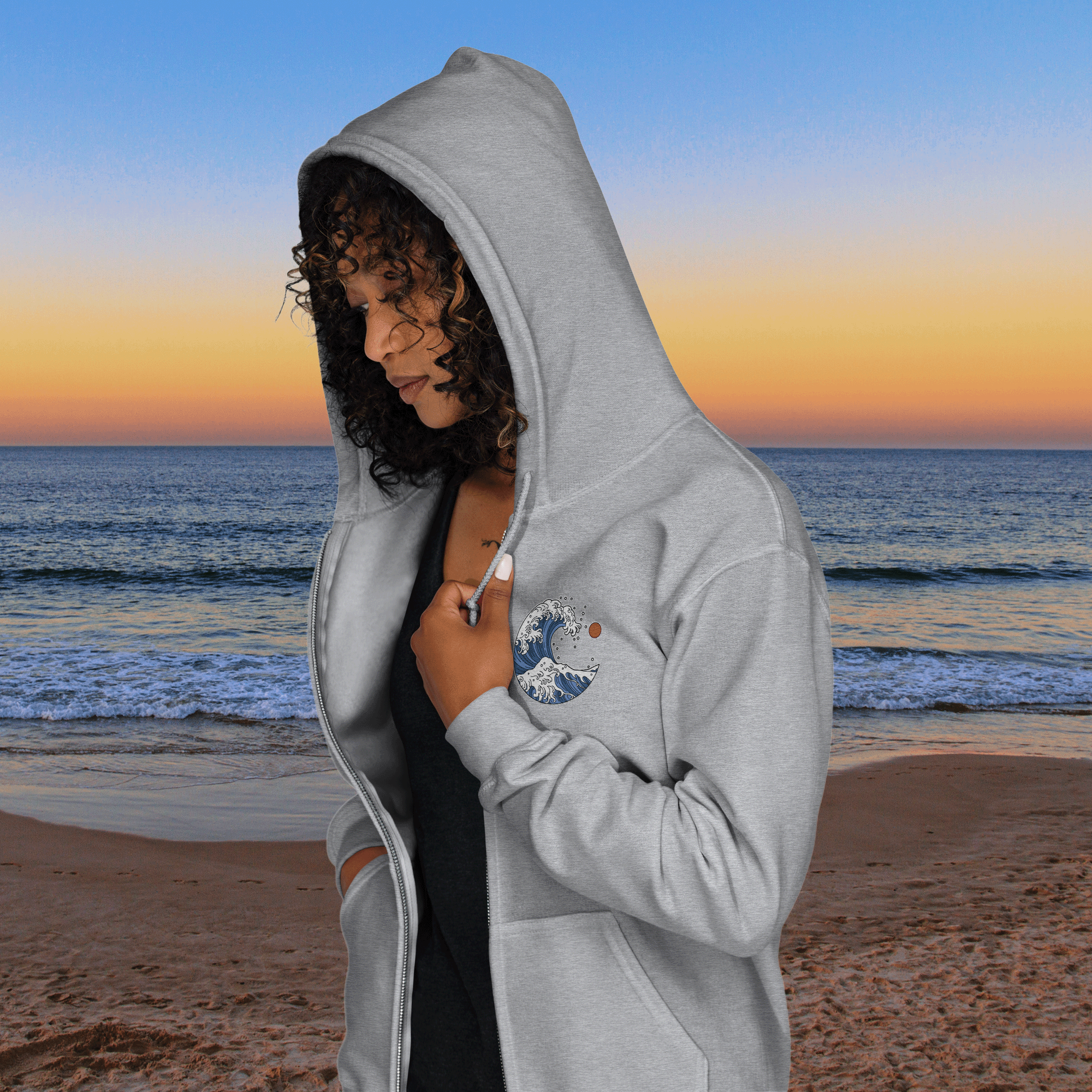 Japanese-Style Ocean Wave Zip Up Hoodie